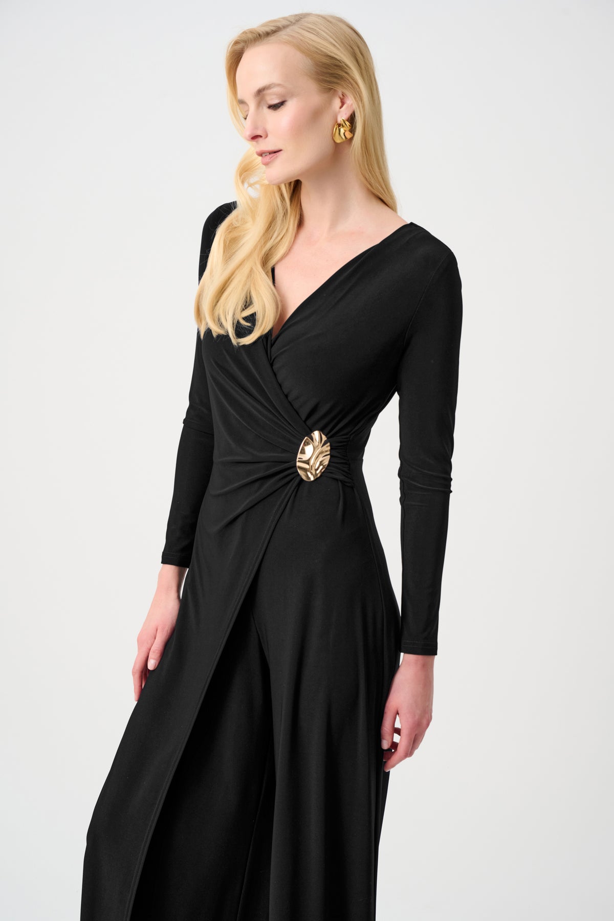 Joseph Ribkoff Black Signature | Silky Knit Wide Leg Wrap Jumpsuit