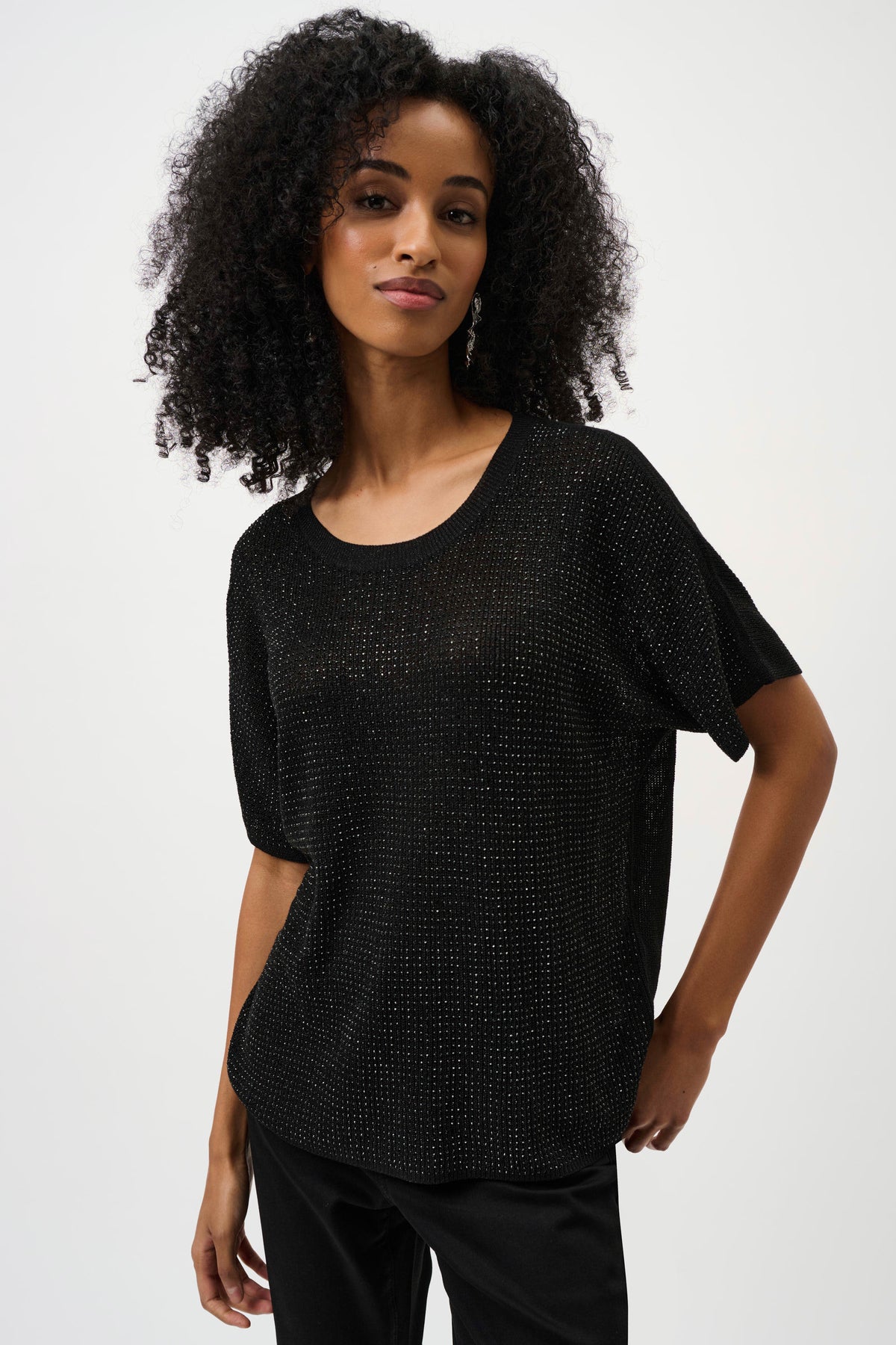 Joseph Ribkoff Black Metallic Knitted T-shirt with Rhinestones - Core Colours