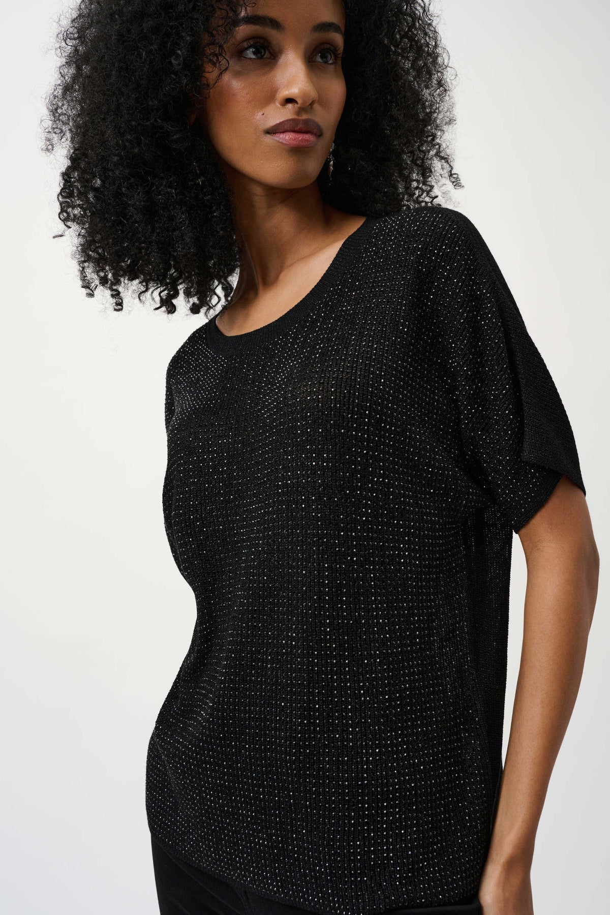 Joseph Ribkoff Black Metallic Knitted T-shirt with Rhinestones - Core Colours