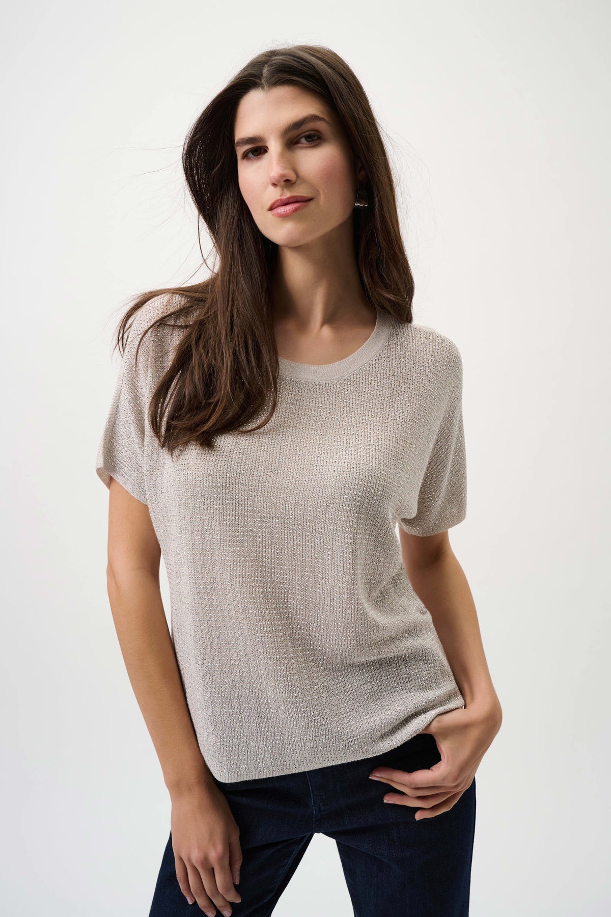 Joseph Ribkoff Moonstone Metallic Knitted T-shirt with Rhinestones - Core Colours