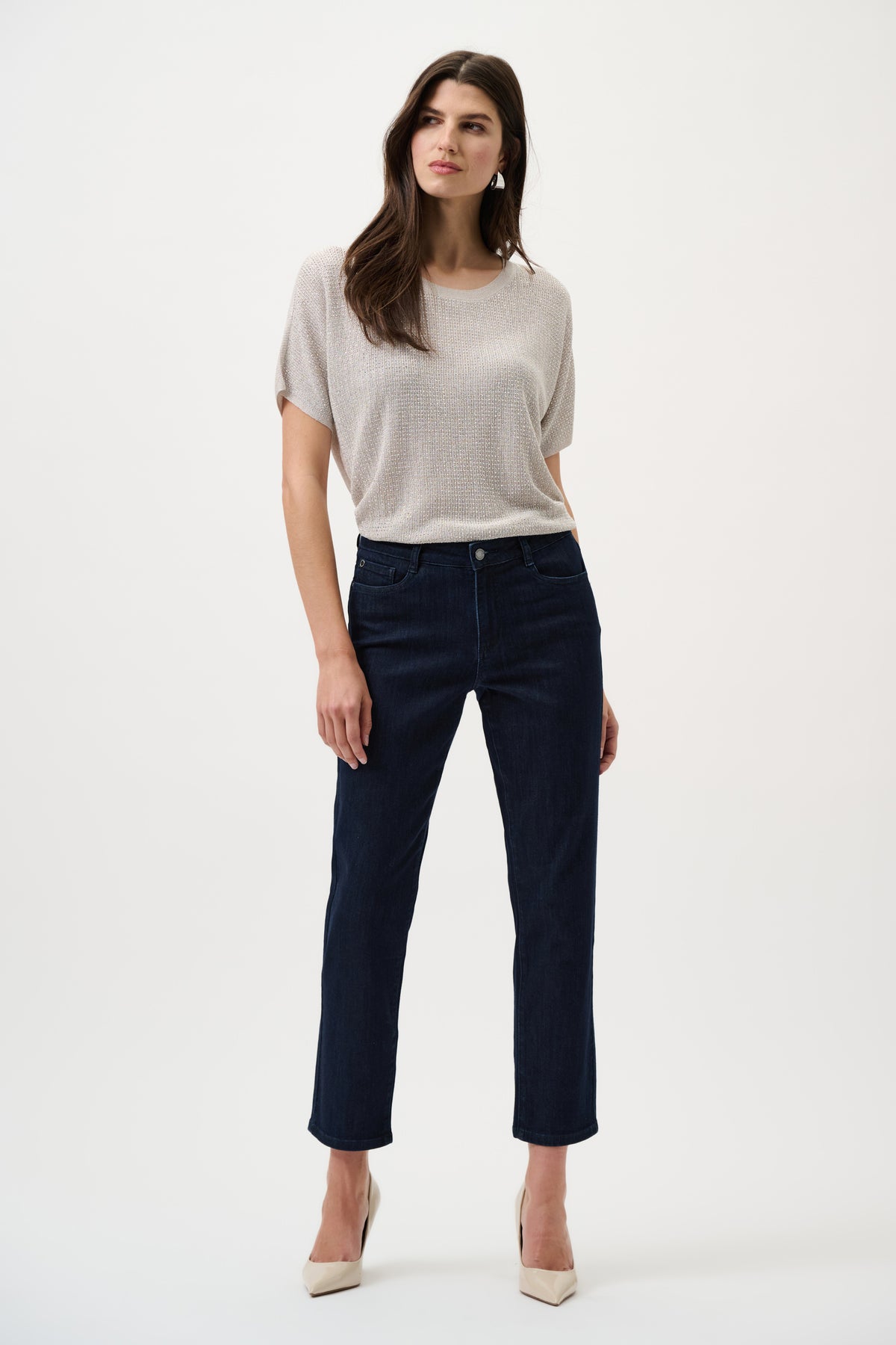Joseph Ribkoff Moonstone Metallic Knitted T-shirt with Rhinestones - Core Colours