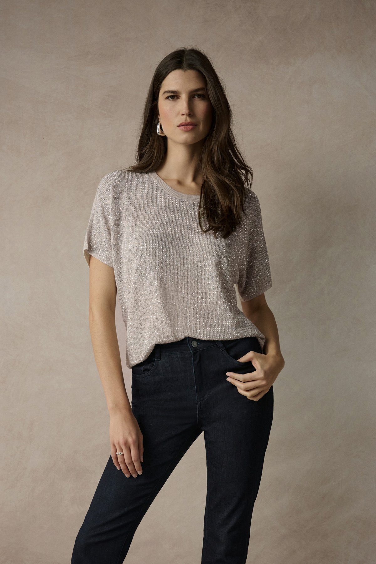 Joseph Ribkoff Moonstone Metallic Knitted T-shirt with Rhinestones - Core Colours