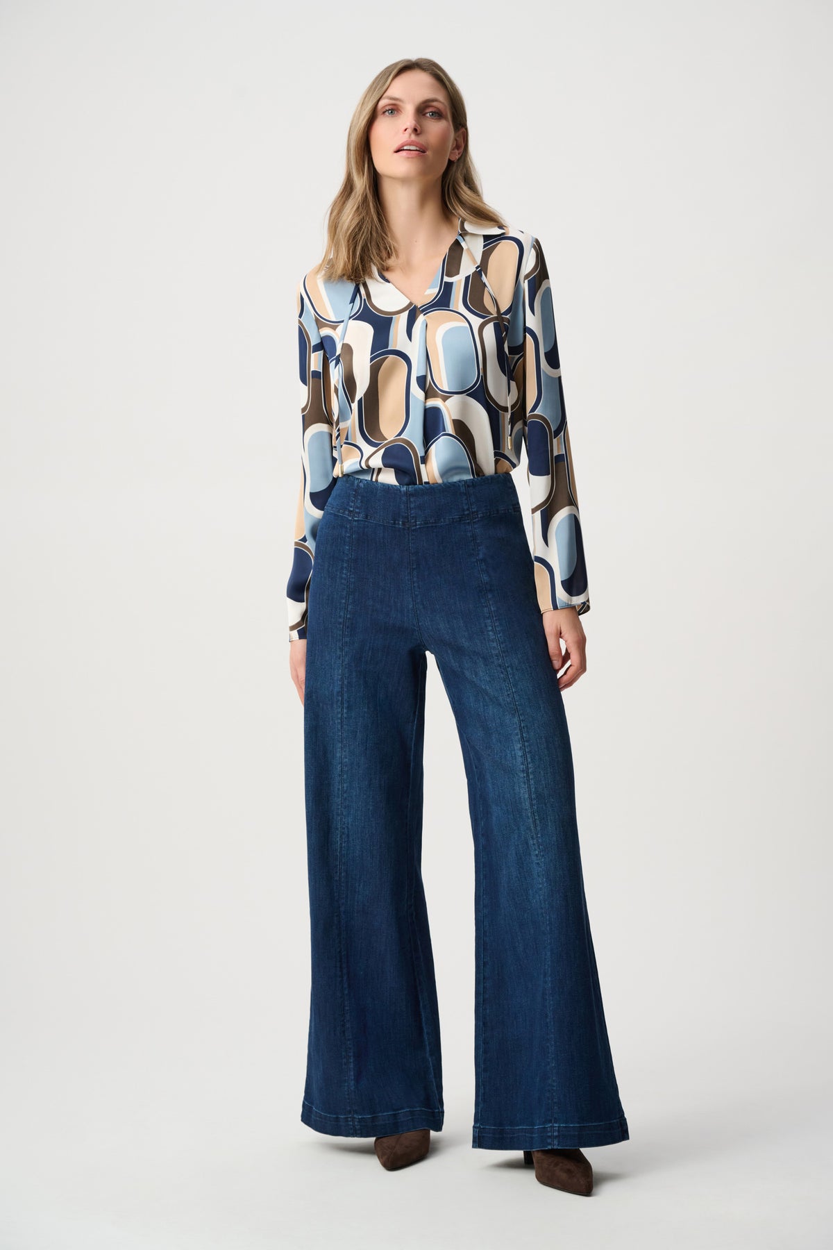 Joseph Ribkoff Dark Drnim Blue Featherweave Denim Palazzo High-Rise Pull-On Jeans