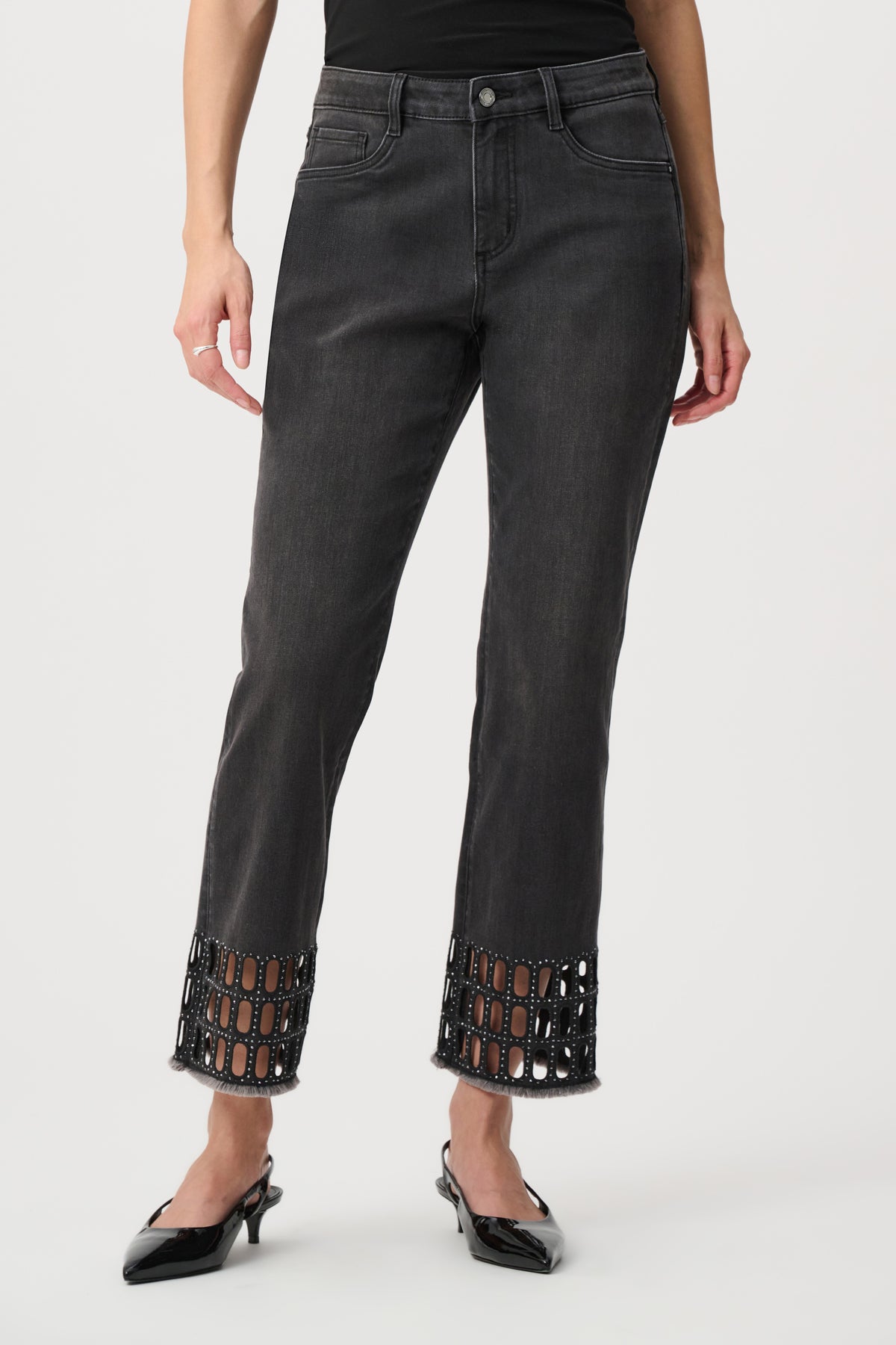Joseph Ribkoff Charcoal Grey Repreve® Denim Straight Classic Jeans With Rhinestone Detail