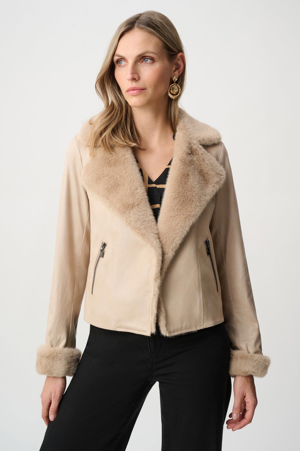 Joseph Ribkoff Soft Taupe Foiled Faux Suede Jacket With Faux Fur Collar