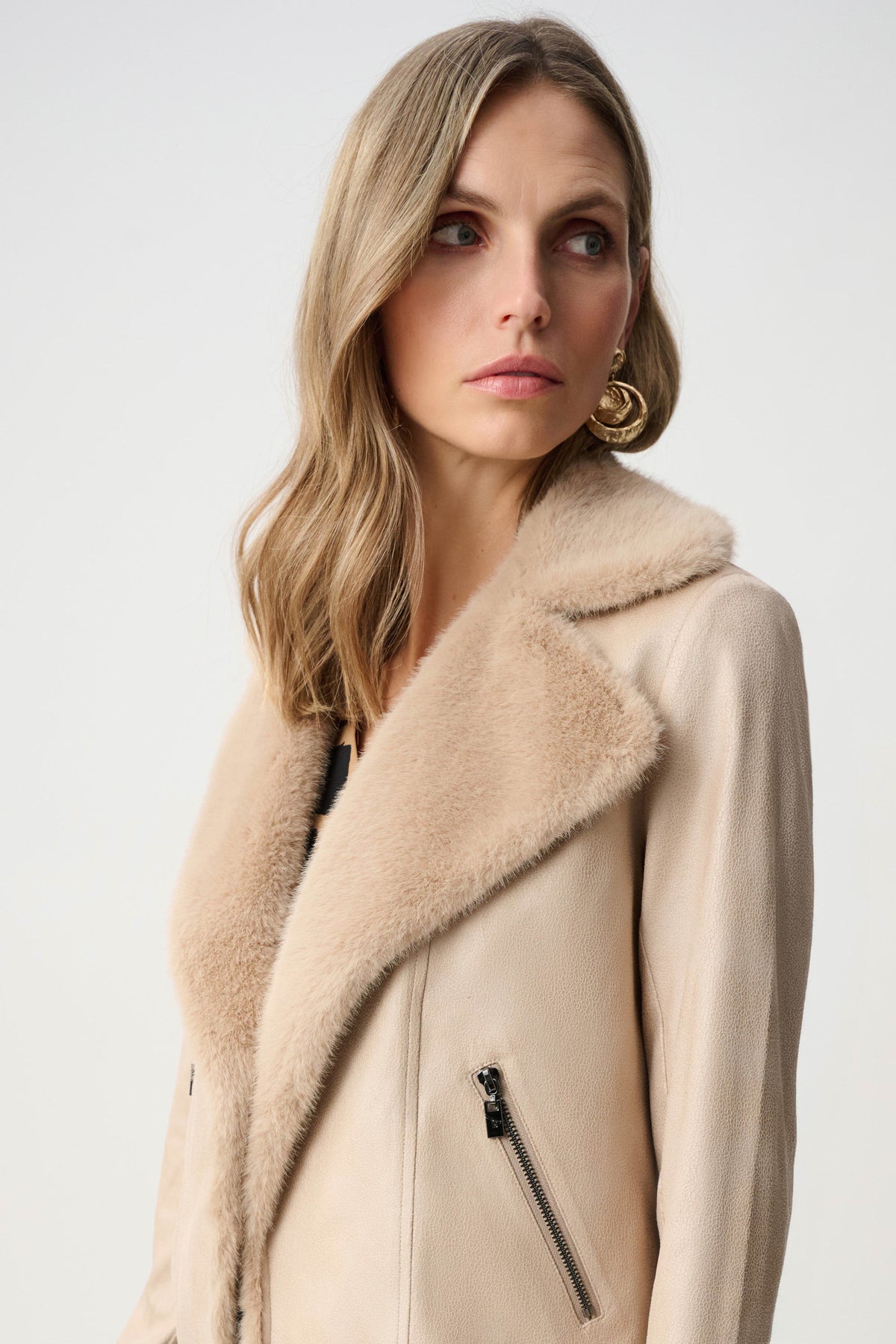 Joseph Ribkoff Soft Taupe Foiled Faux Suede Jacket With Faux Fur Collar
