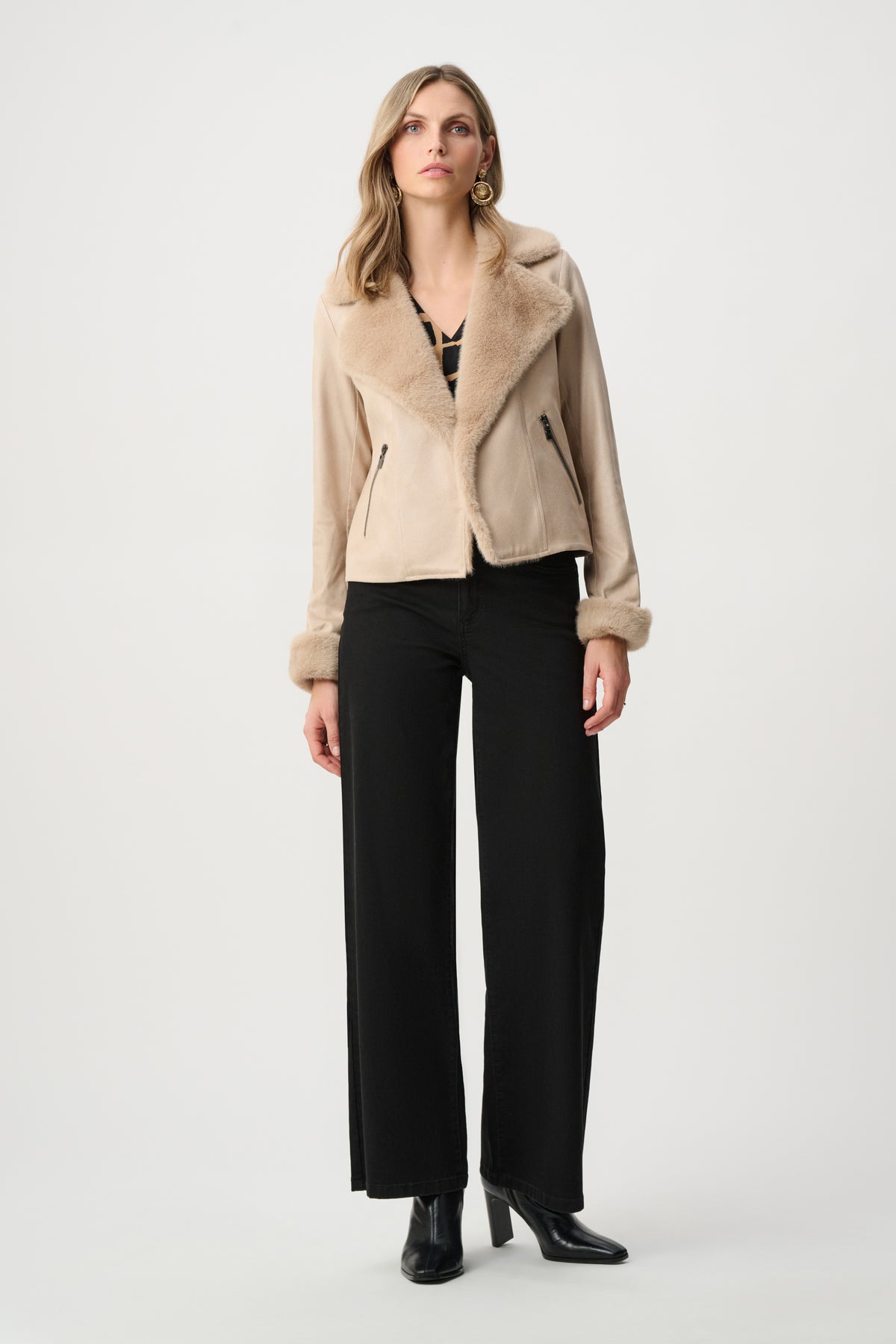 Joseph Ribkoff Soft Taupe Foiled Faux Suede Jacket With Faux Fur Collar