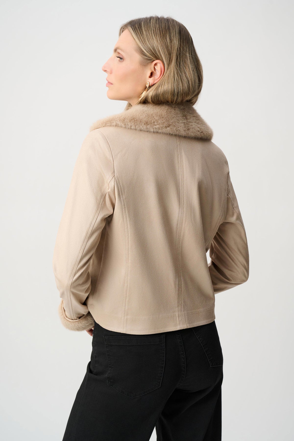 Joseph Ribkoff Soft Taupe Foiled Faux Suede Jacket With Faux Fur Collar