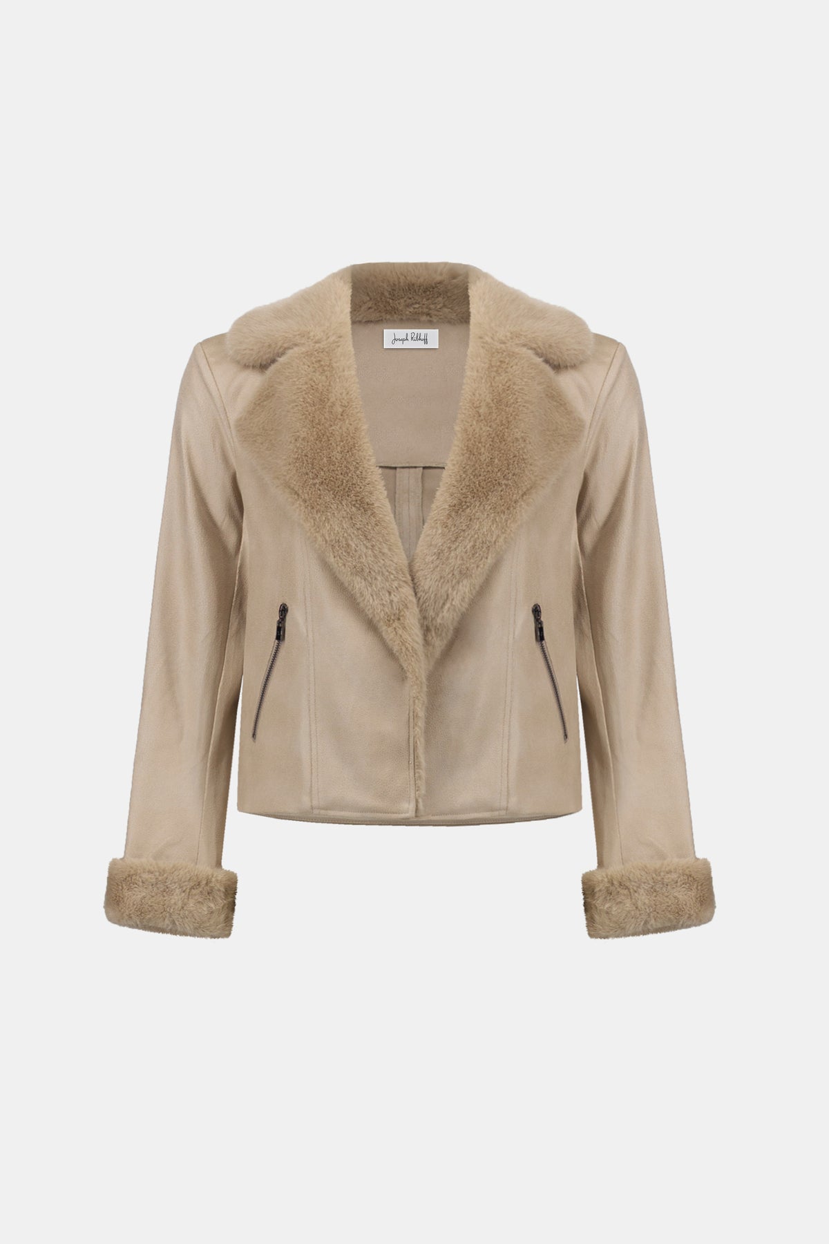 Joseph Ribkoff Soft Taupe Foiled Faux Suede Jacket With Faux Fur Collar