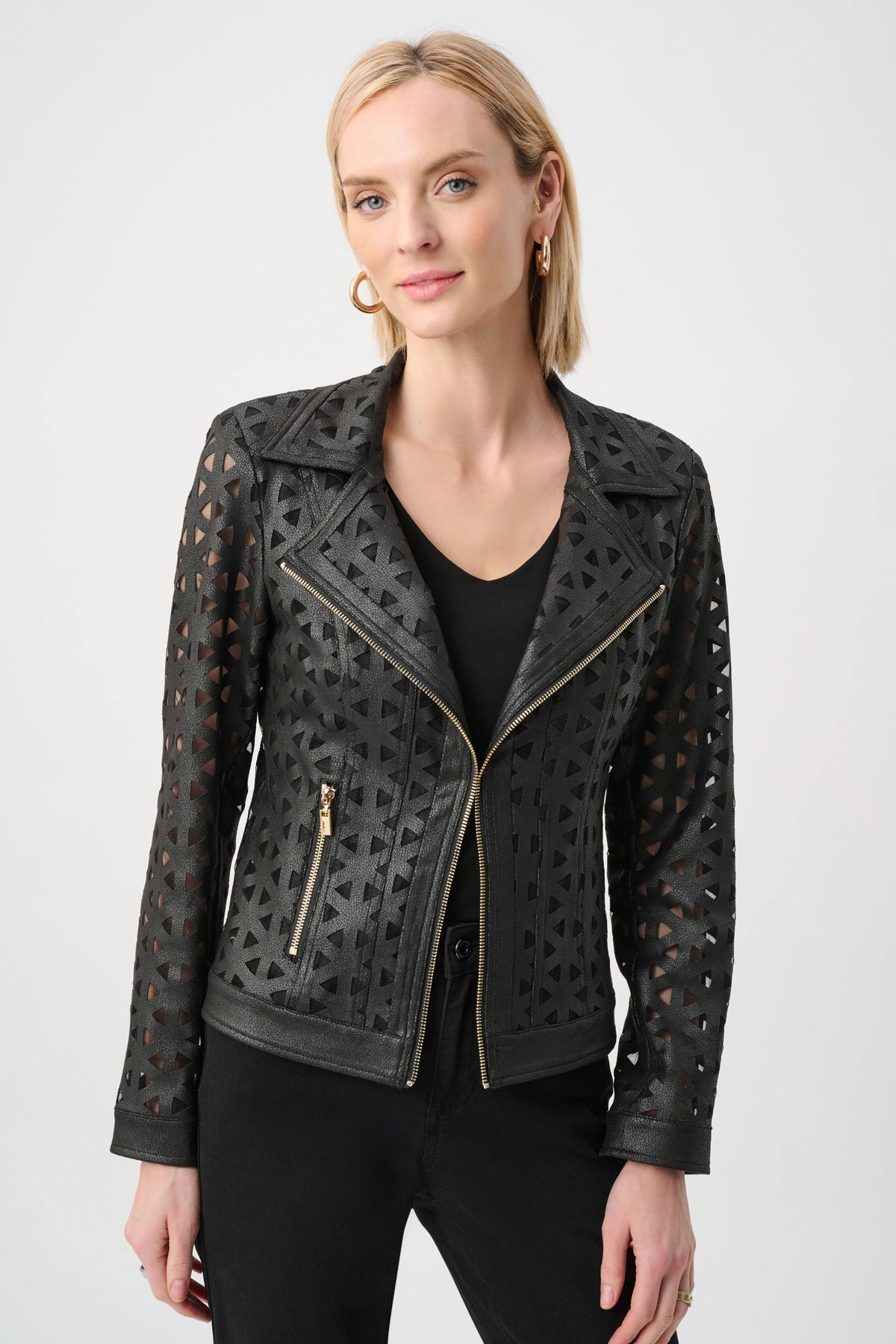 Joseph Ribkoff Black Foiled Faux Suede And Mesh Moto Jacket