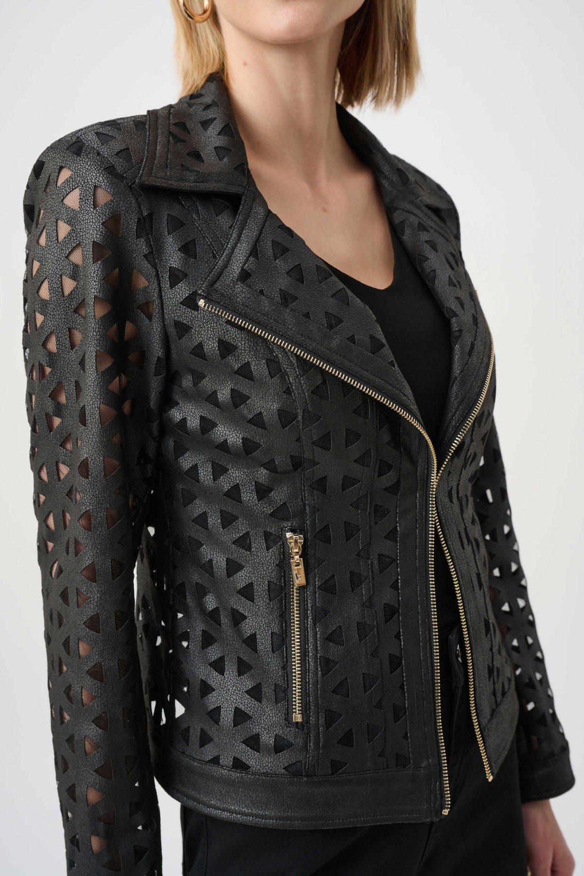 Joseph Ribkoff Black Foiled Faux Suede And Mesh Moto Jacket