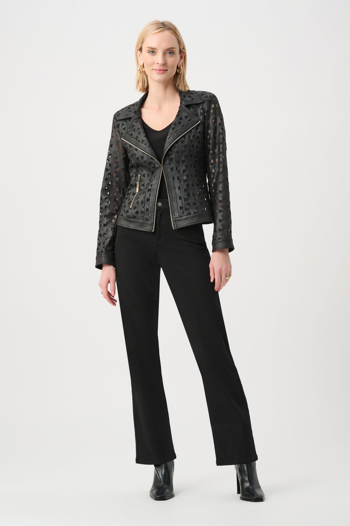 Joseph Ribkoff Black Foiled Faux Suede And Mesh Moto Jacket