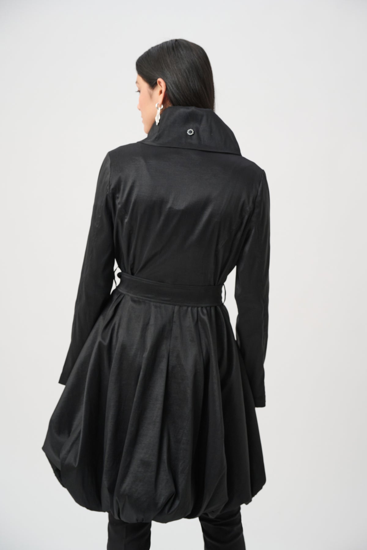 Joseph Ribkoff Black Stretch Taffeta Belted Fit &amp; Flare Balloon Coat