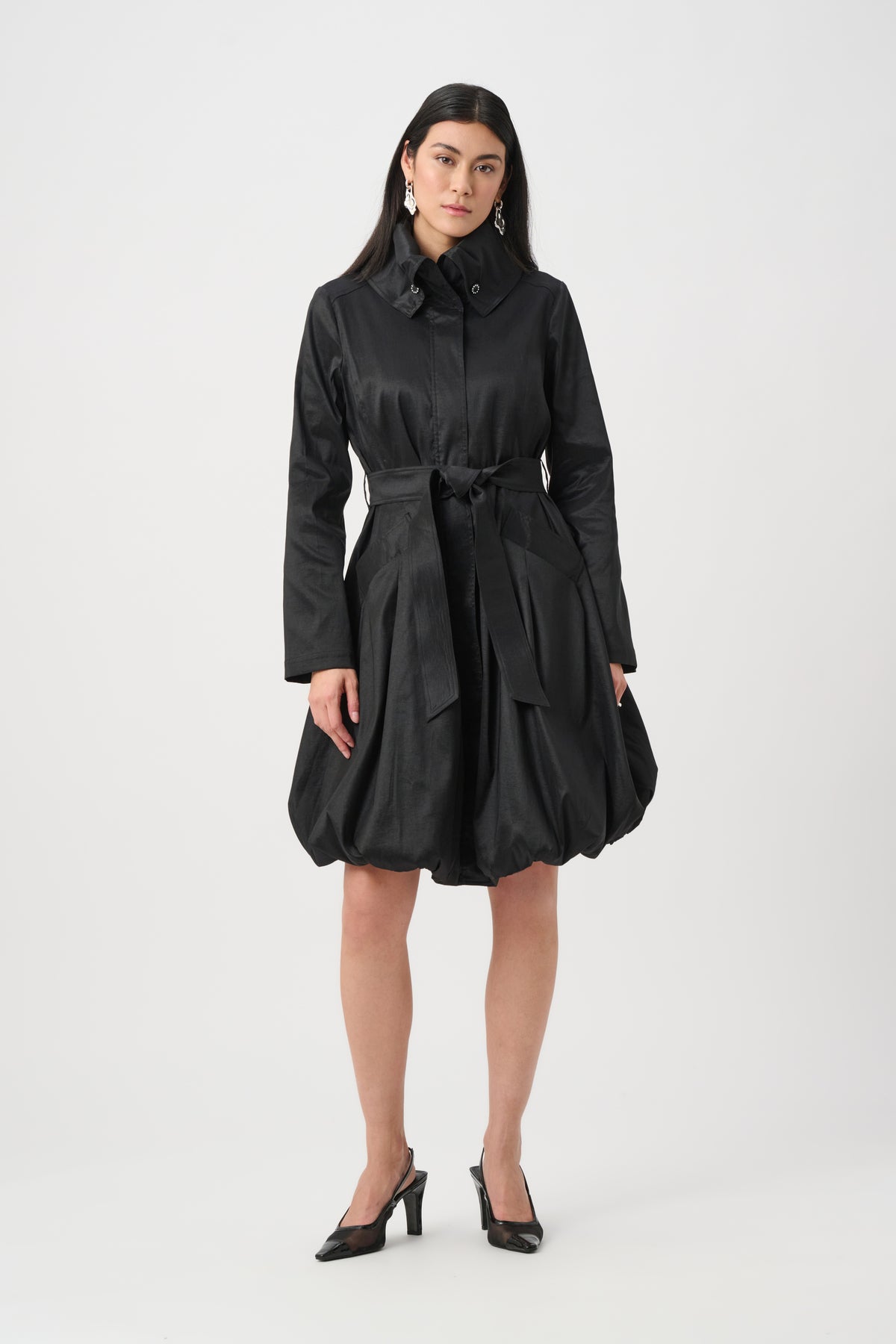Joseph Ribkoff Black Stretch Taffeta Belted Fit &amp; Flare Balloon Coat