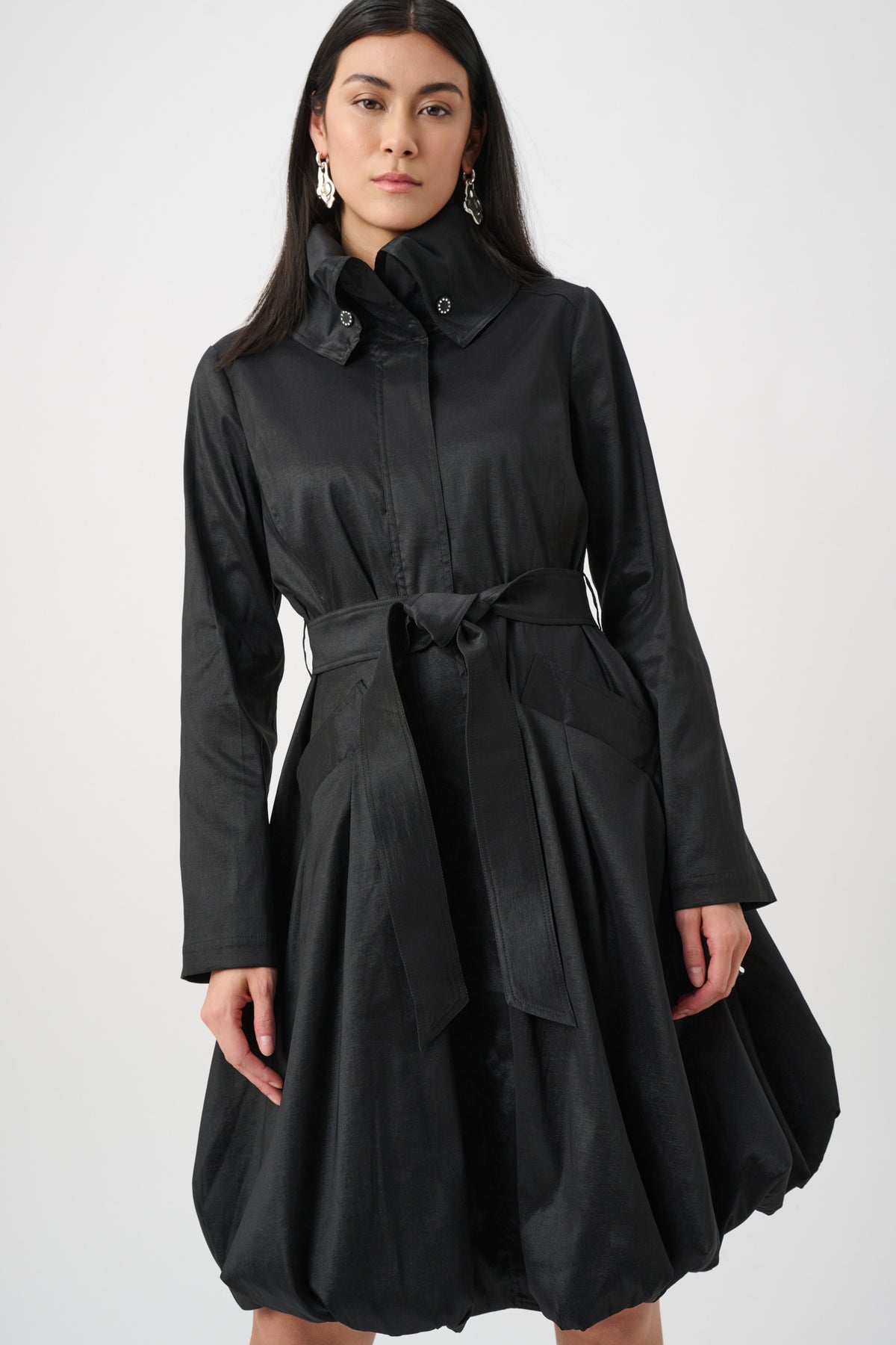 Joseph Ribkoff Black Stretch Taffeta Belted Fit &amp; Flare Balloon Coat