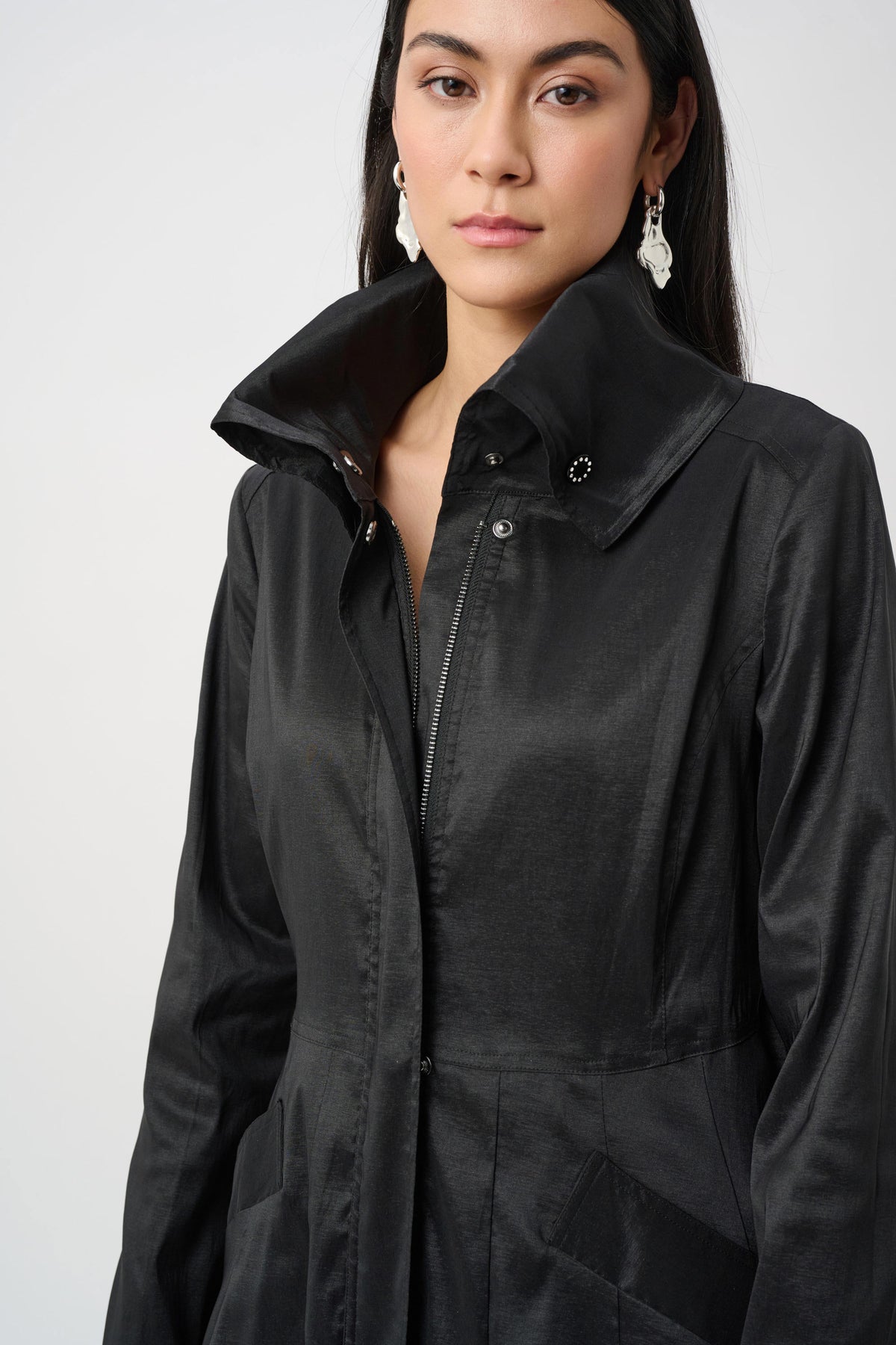 Joseph Ribkoff Black Stretch Taffeta Belted Fit &amp; Flare Balloon Coat