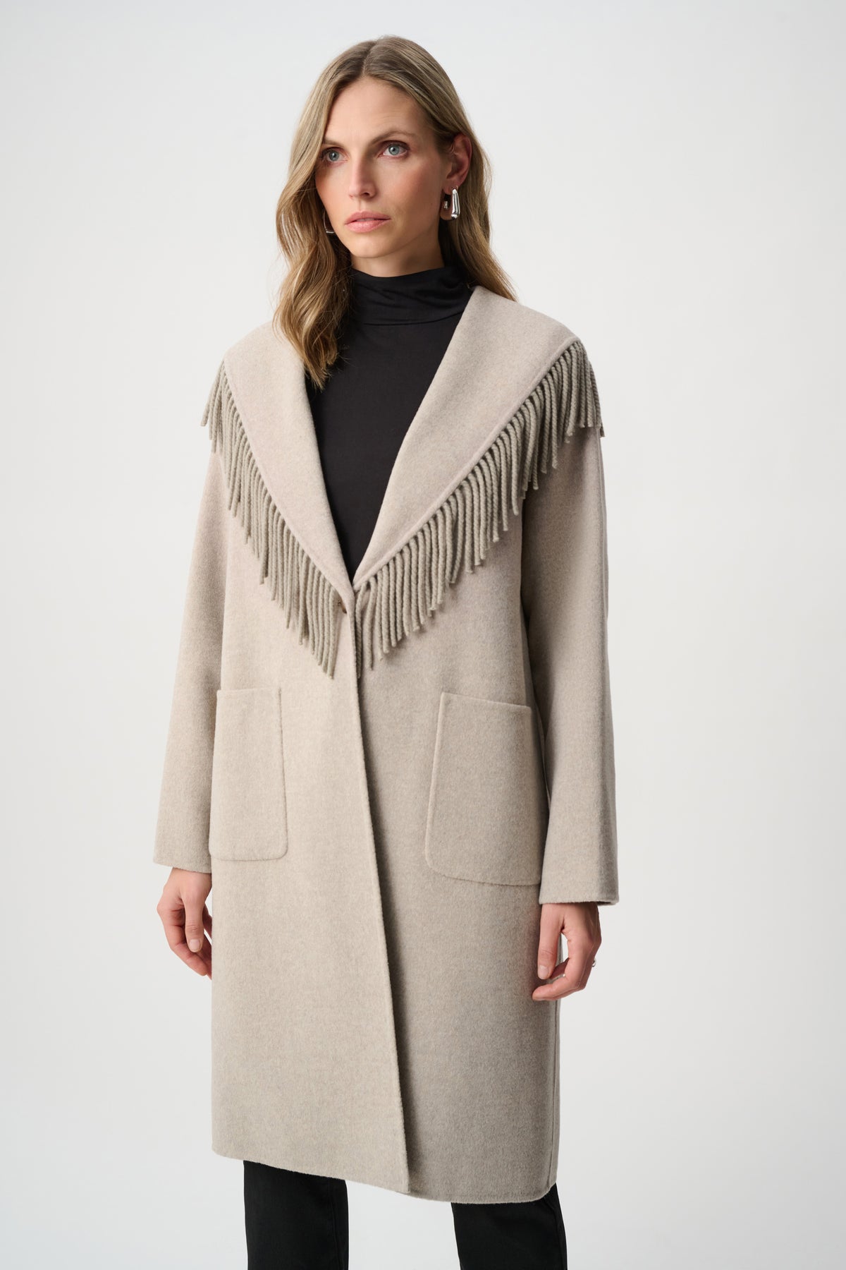 Joseph Ribkoff Oatmeal Wool Blend Shawl Collar Fringed Coat