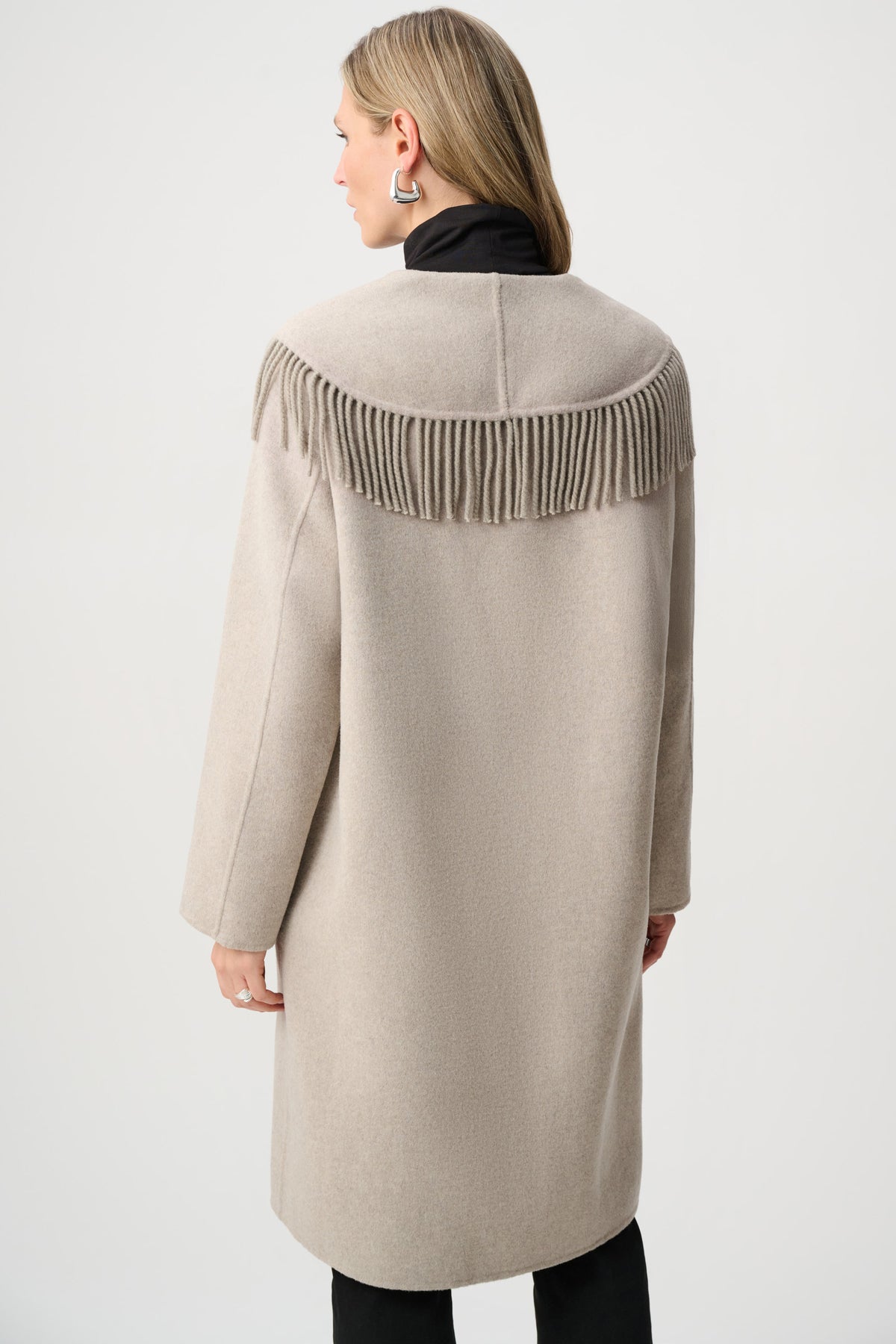 Joseph Ribkoff Oatmeal Wool Blend Shawl Collar Fringed Coat