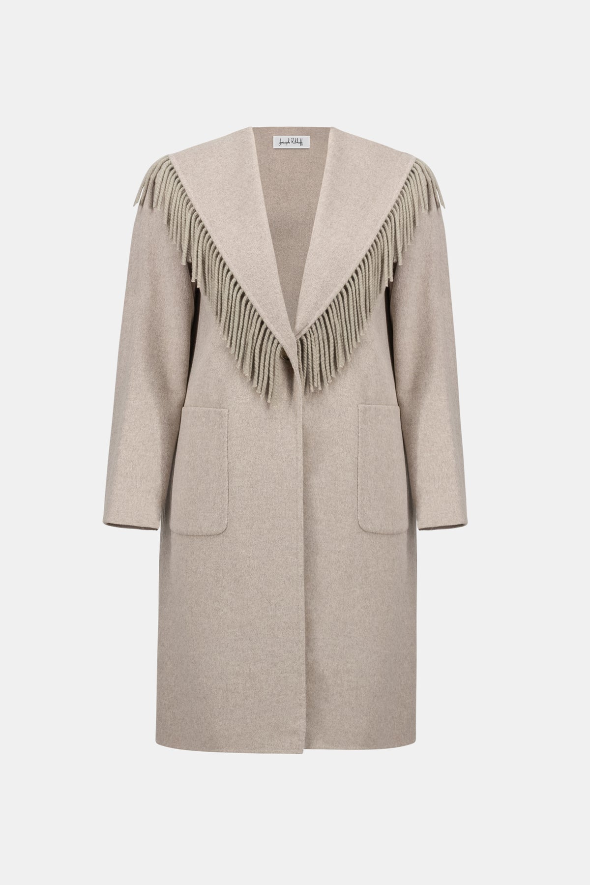 Joseph Ribkoff Oatmeal Wool Blend Shawl Collar Fringed Coat