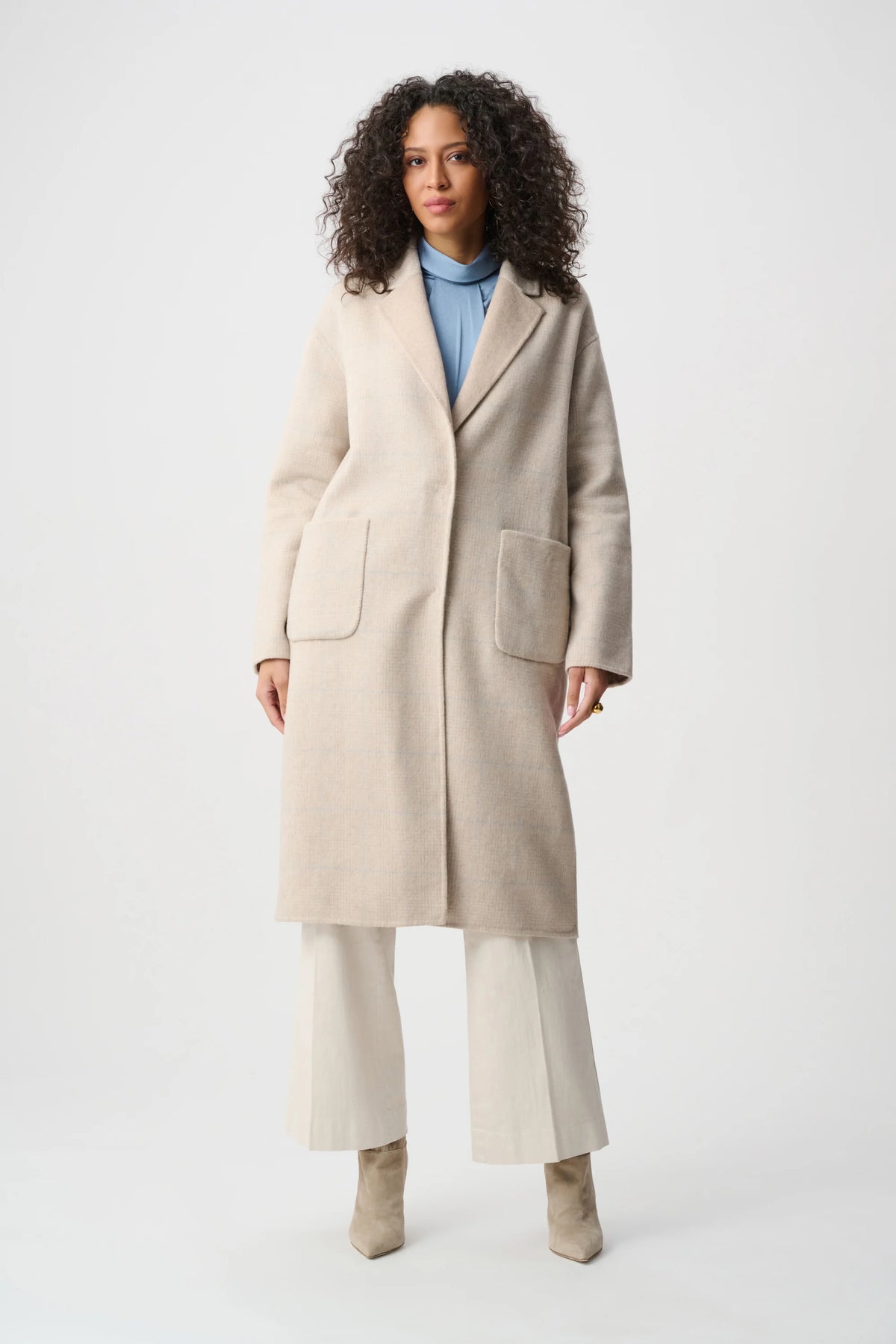 Joseph Ribkoff Oatmeal Wool Blend Plaid Reversible Boxy Coat