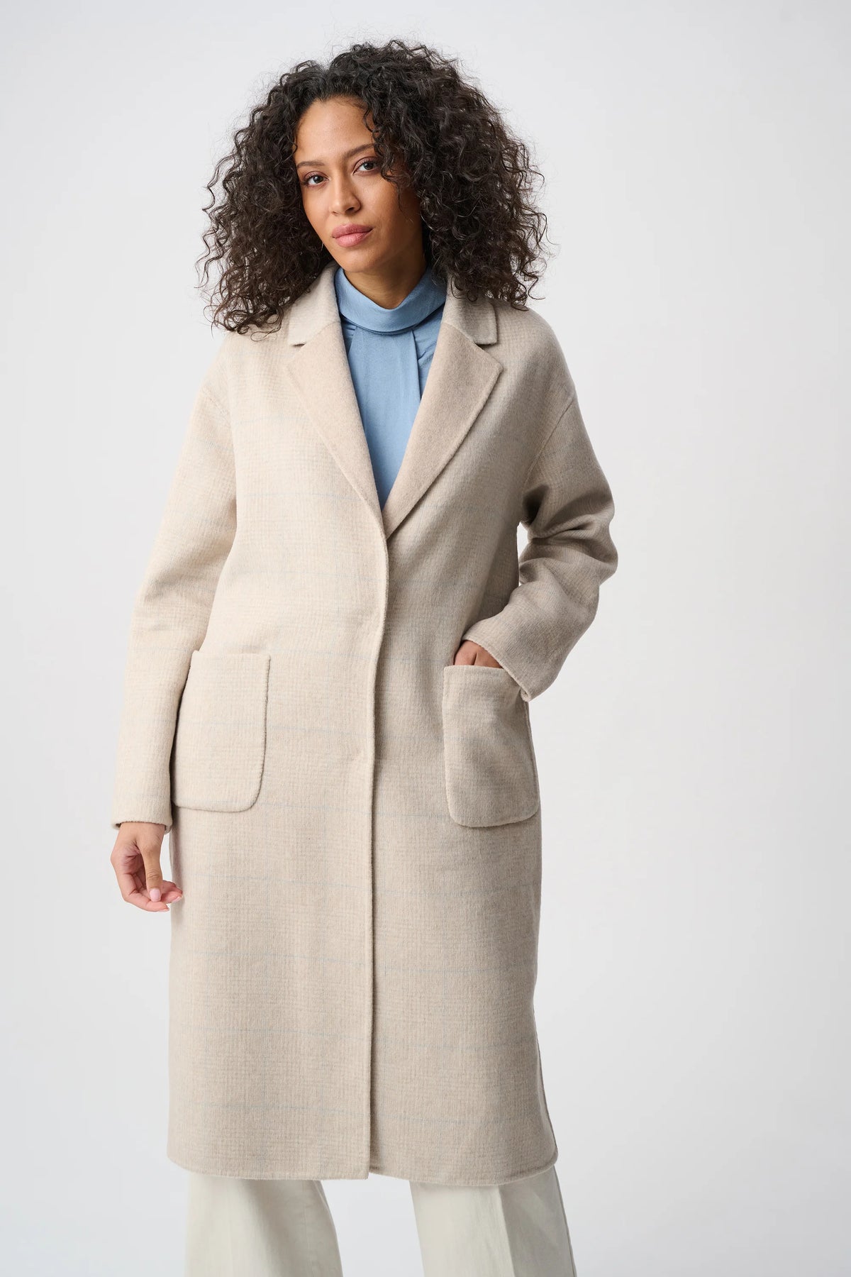 Joseph Ribkoff Oatmeal Wool Blend Plaid Reversible Boxy Coat