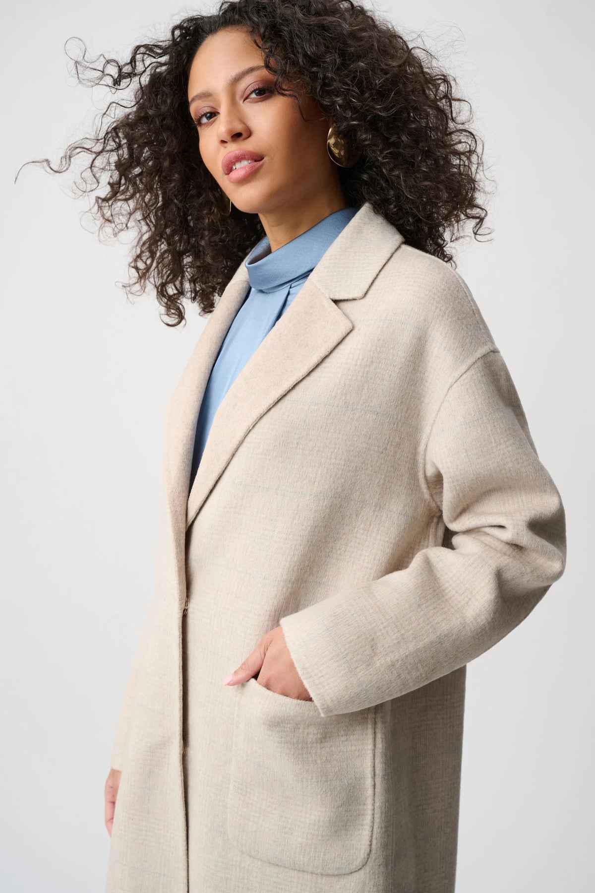 Joseph Ribkoff Oatmeal Wool Blend Plaid Reversible Boxy Coat