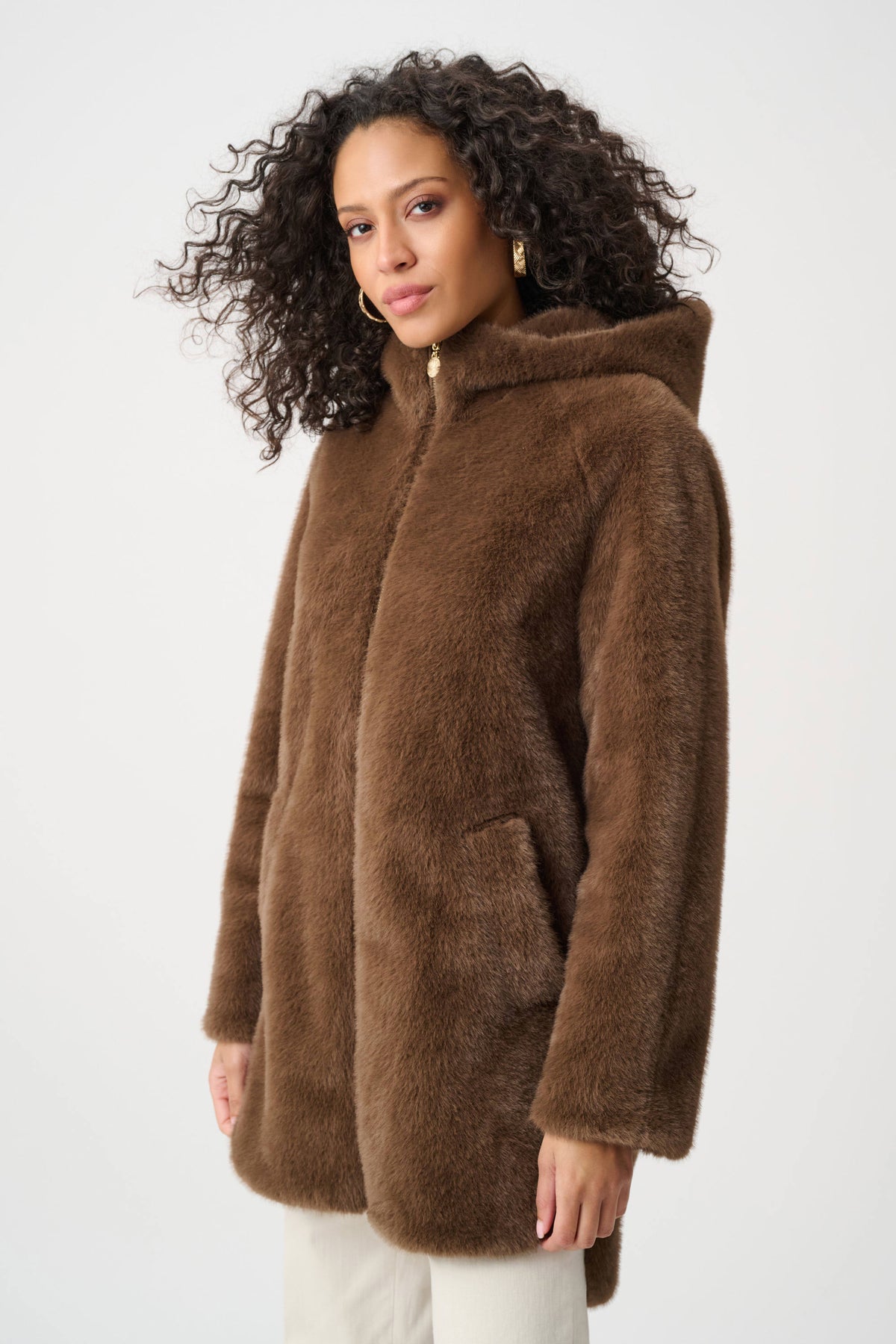 Joseph Ribkoff Dark Mink Faux Fur Hooded Coat