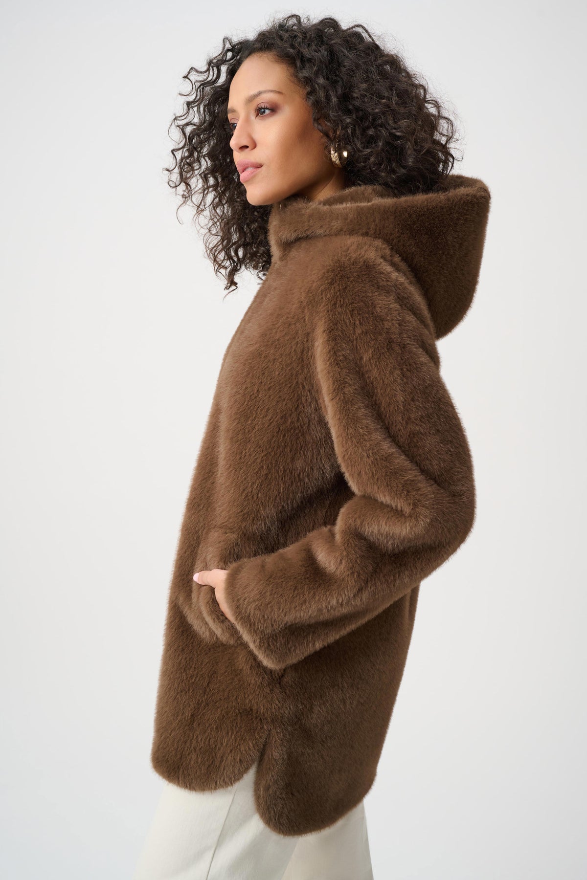 Joseph Ribkoff Dark Mink Faux Fur Hooded Coat