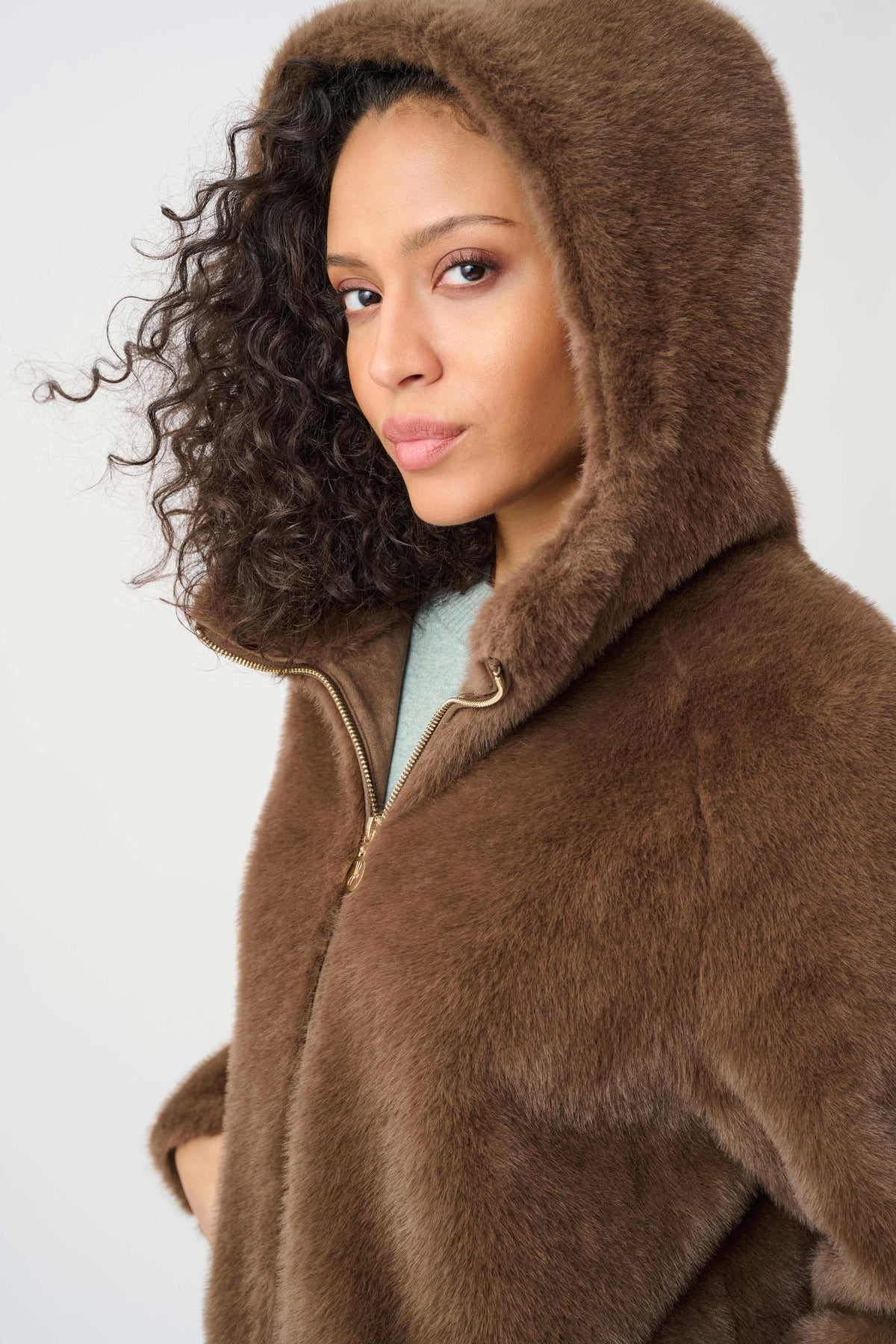 Joseph Ribkoff Dark Mink Faux Fur Hooded Coat