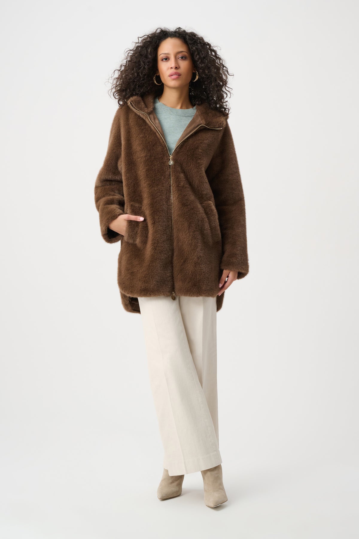 Joseph Ribkoff Dark Mink Faux Fur Hooded Coat