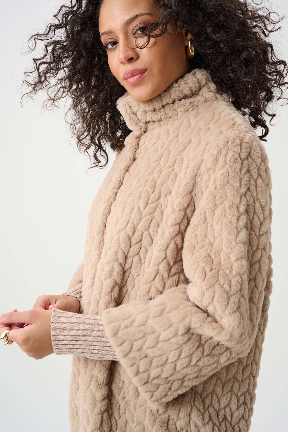 Joseph Ribkoff Soft Taupe Textured Faux Fur Mock-Neck Coat