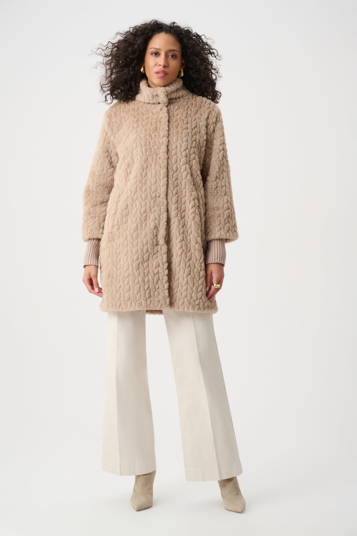 Joseph Ribkoff Soft Taupe Textured Faux Fur Mock-Neck Coat