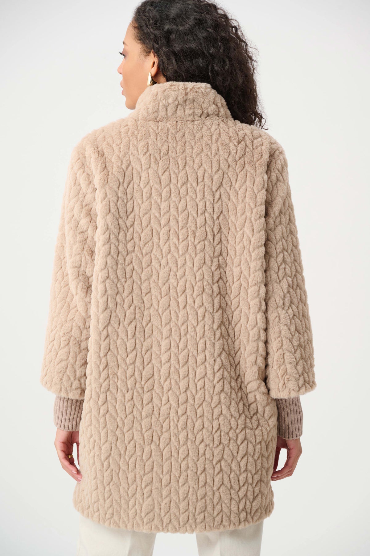 Joseph Ribkoff Soft Taupe Textured Faux Fur Mock-Neck Coat