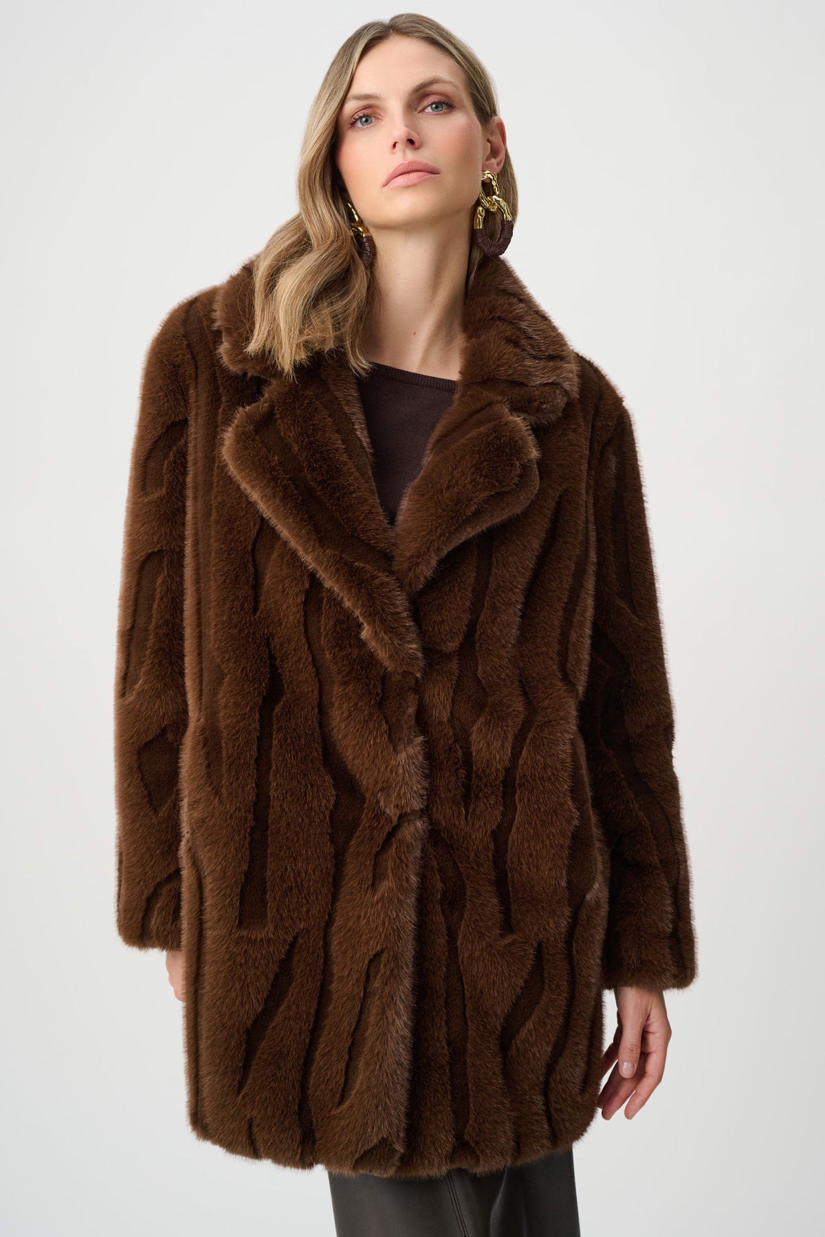 Joseph Ribkoff Brown Textured Faux Fur Notch Collar Coat