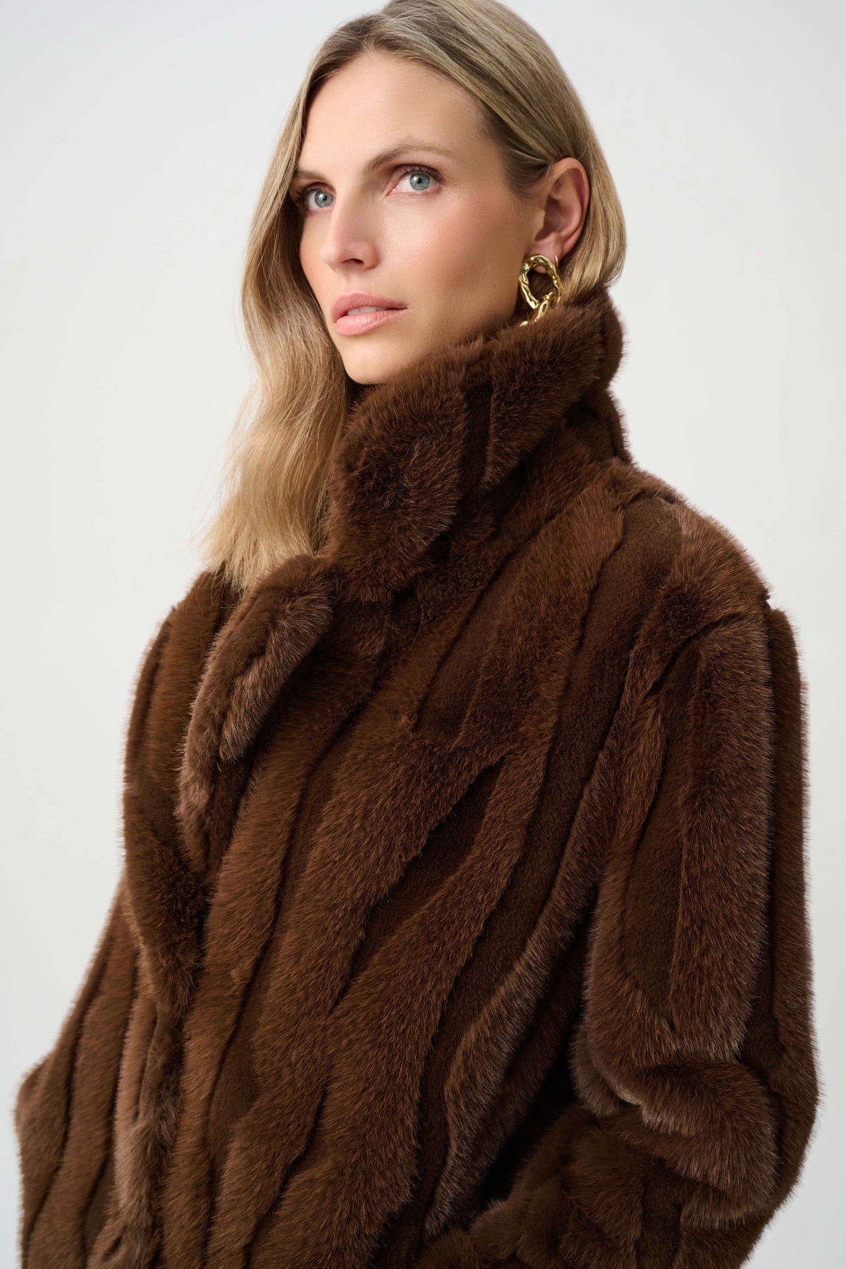 Joseph Ribkoff Brown Textured Faux Fur Notch Collar Coat
