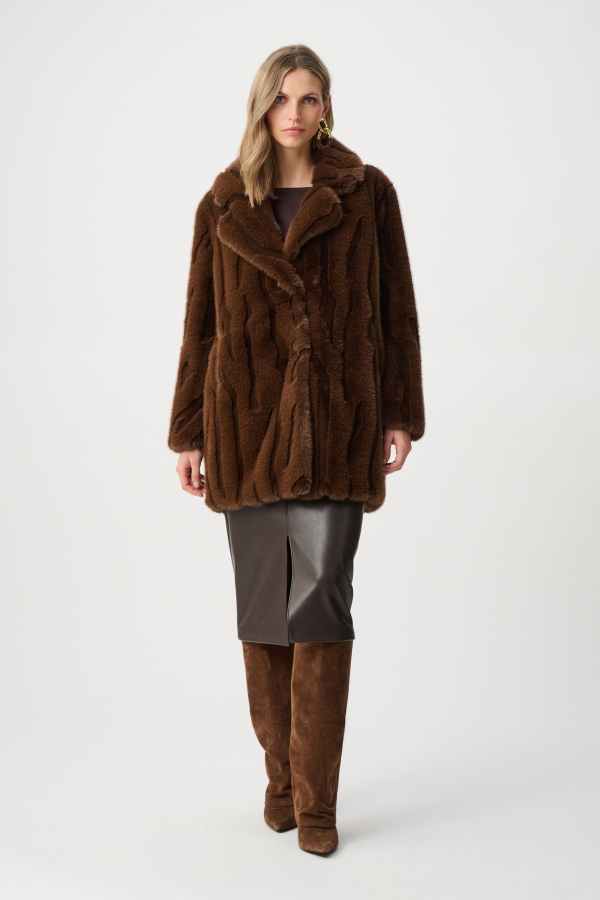 Joseph Ribkoff Brown Textured Faux Fur Notch Collar Coat
