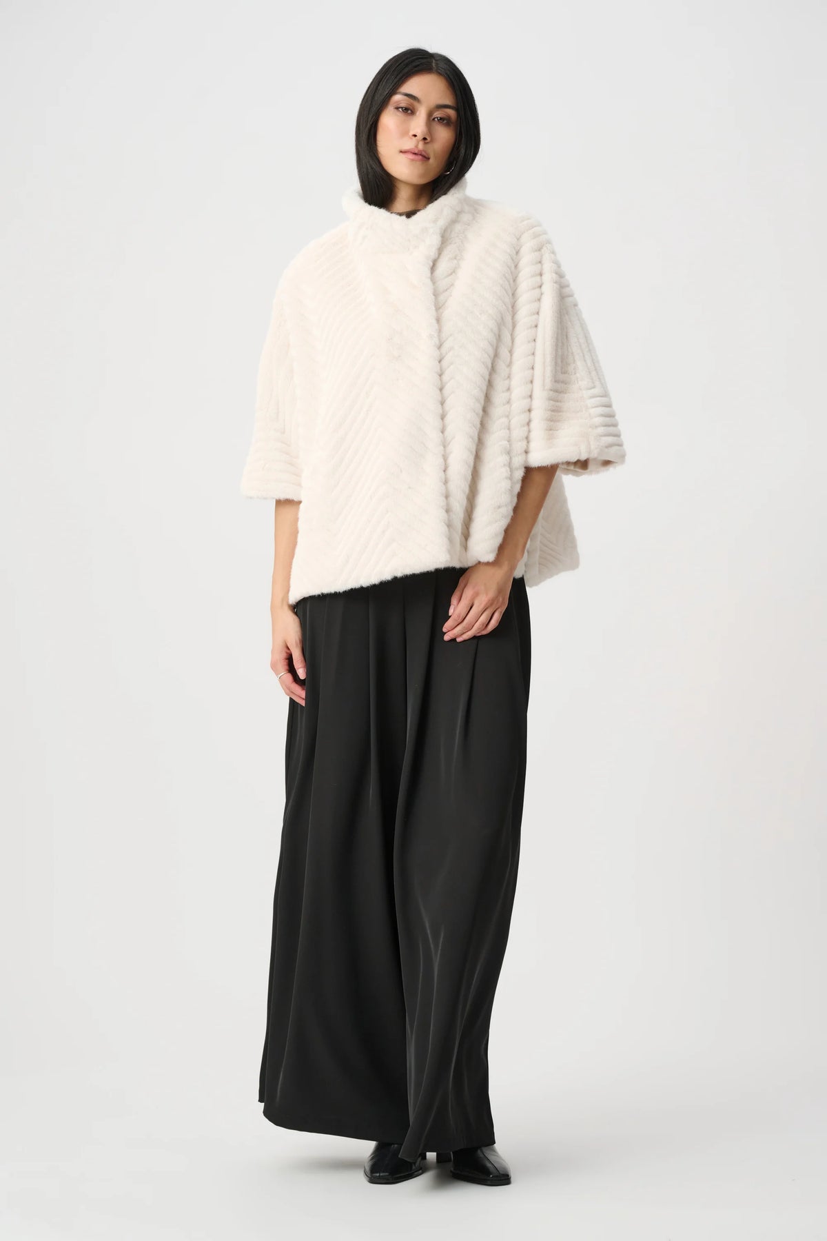 Joseph Ribkoff Cream Chevron Faux Fur Cape-Style Jacket