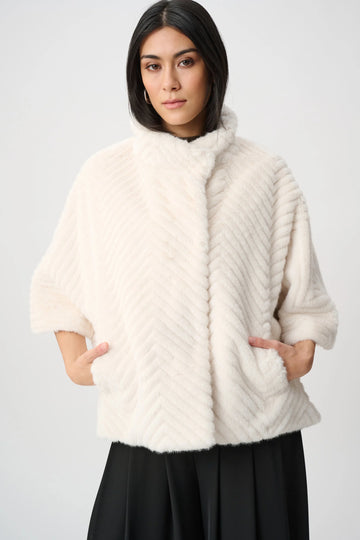Joseph Ribkoff Cream Chevron Faux Fur Cape-Style Jacket
