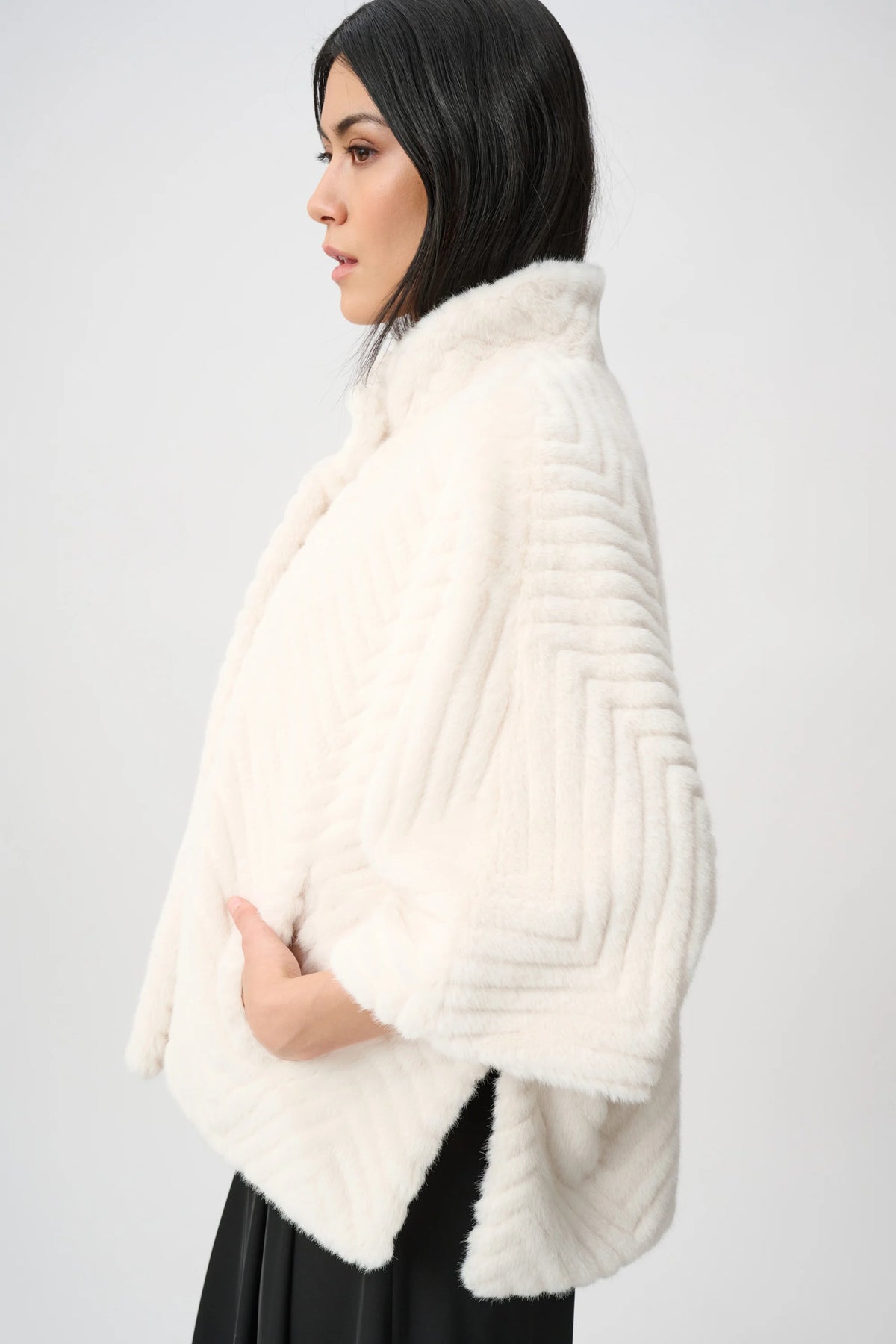 Joseph Ribkoff Cream Chevron Faux Fur Cape-Style Jacket
