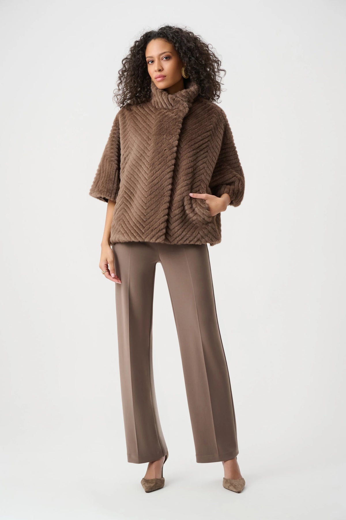 Joseph Ribkoff Mink Chevron Faux Fur Cape-Style Jacket