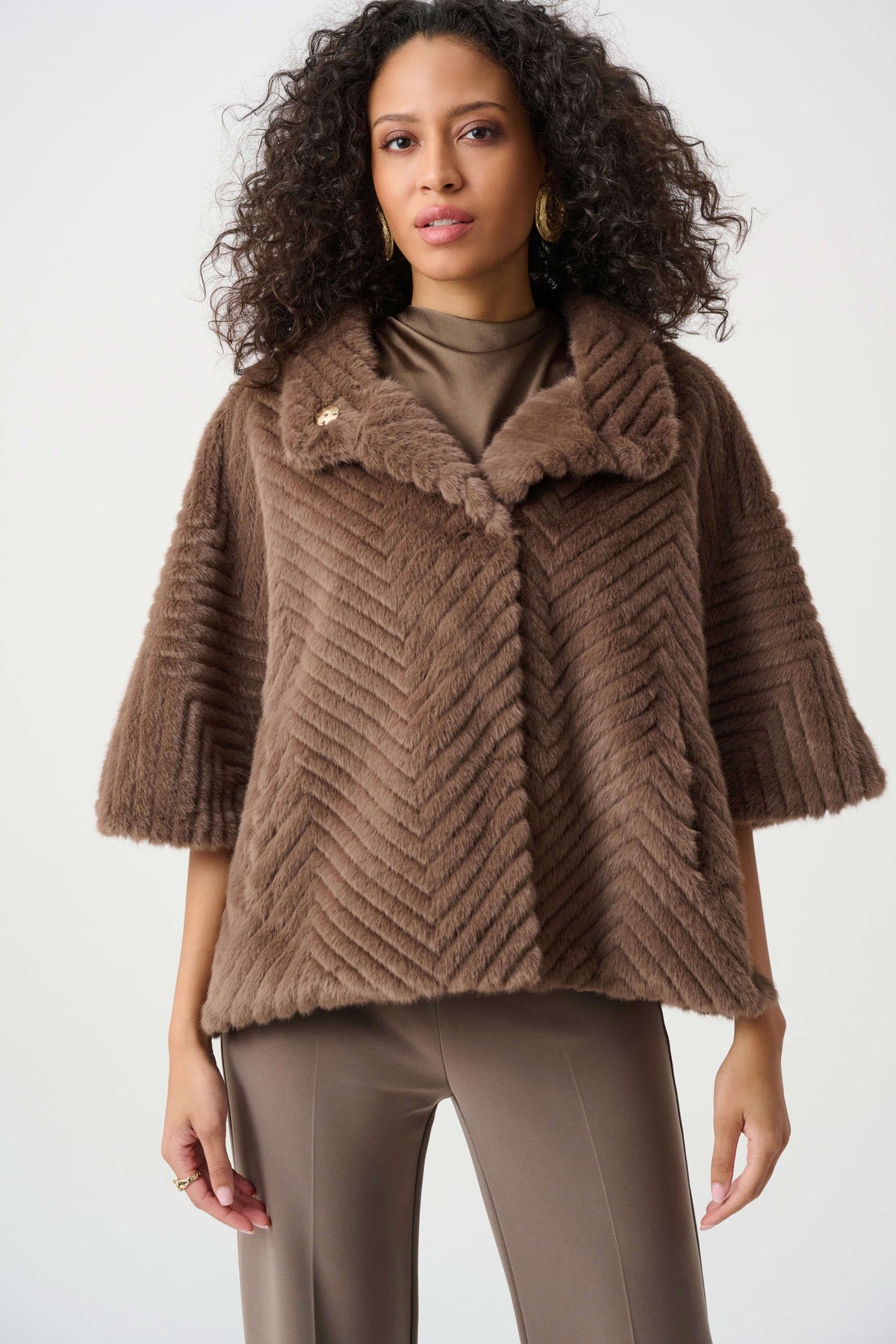 Joseph Ribkoff Mink Chevron Faux Fur Cape-Style Jacket