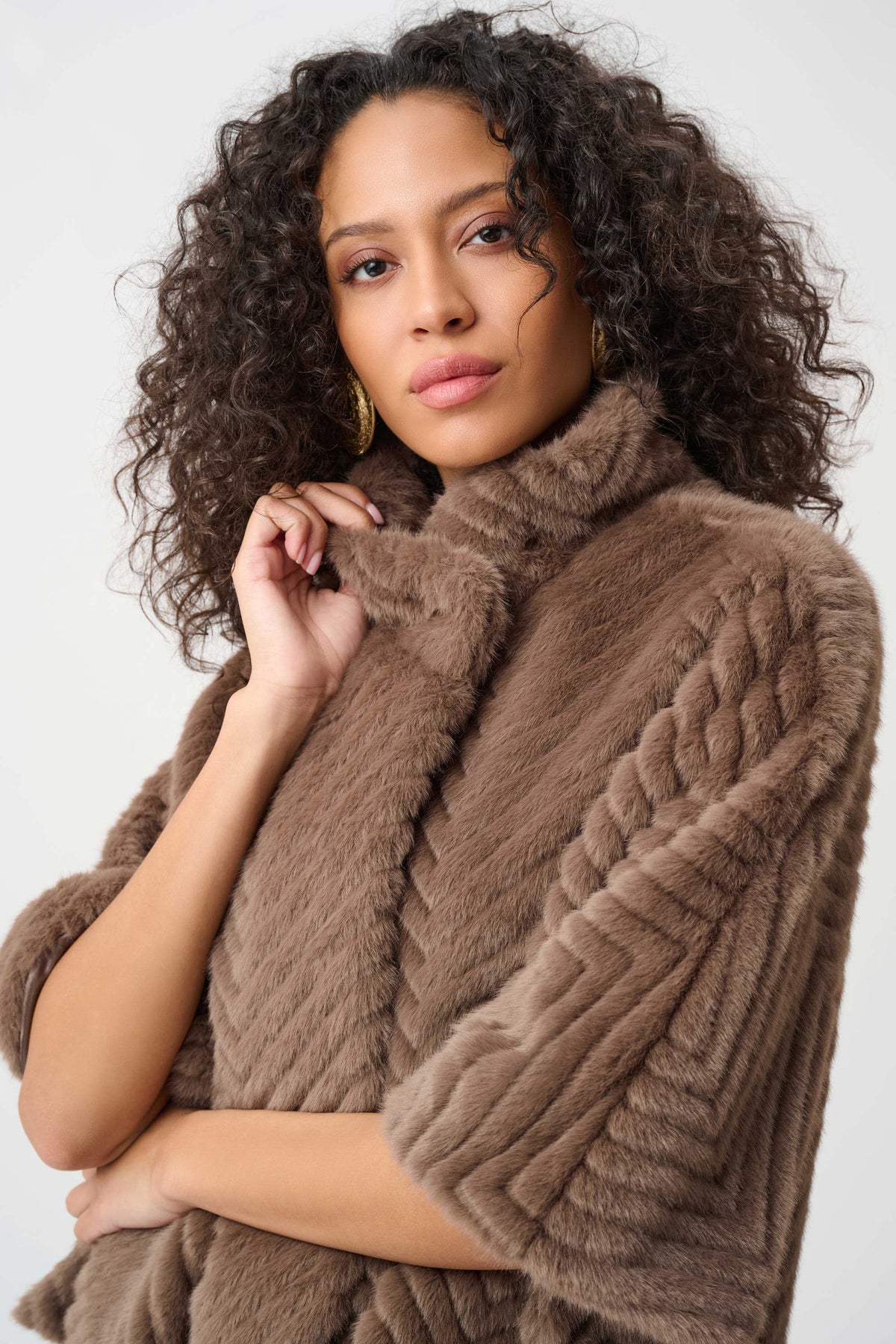 Joseph Ribkoff Mink Chevron Faux Fur Cape-Style Jacket