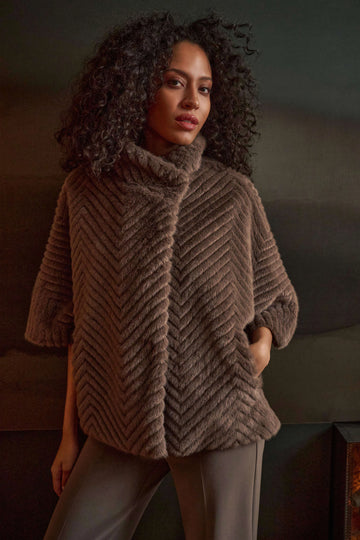 Joseph Ribkoff Mink Chevron Faux Fur Cape-Style Jacket