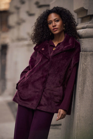 Joseph Ribkoff Elderberry Faux Fur Funnel-Neck Boxy Vest