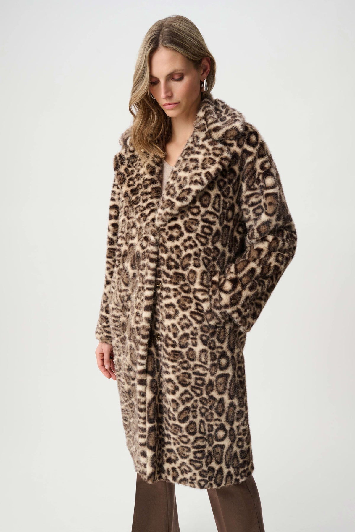 Joseph Ribkoff Beige/Multi Faux Fur Leopard Print Straight Coat
