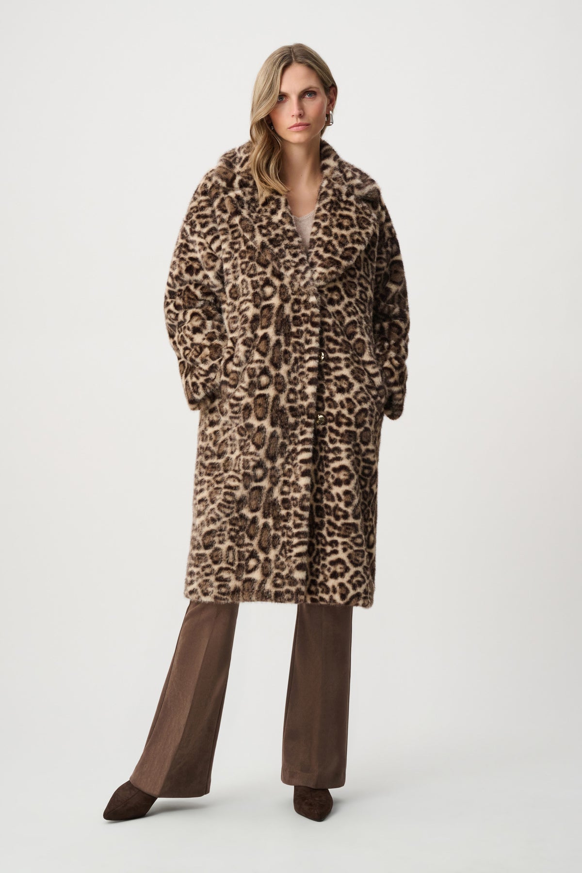 Joseph Ribkoff Beige/Multi Faux Fur Leopard Print Straight Coat