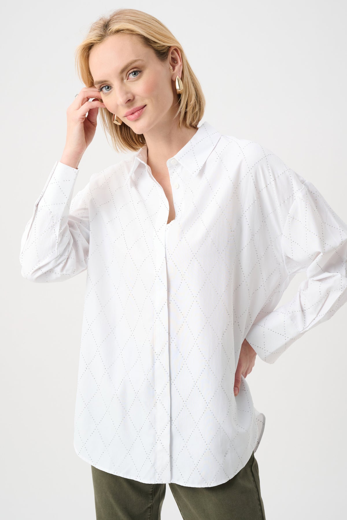 Joseph Ribkoff Vanilla Tencel Boxy Blouse With All-Over Rhinestone Detail