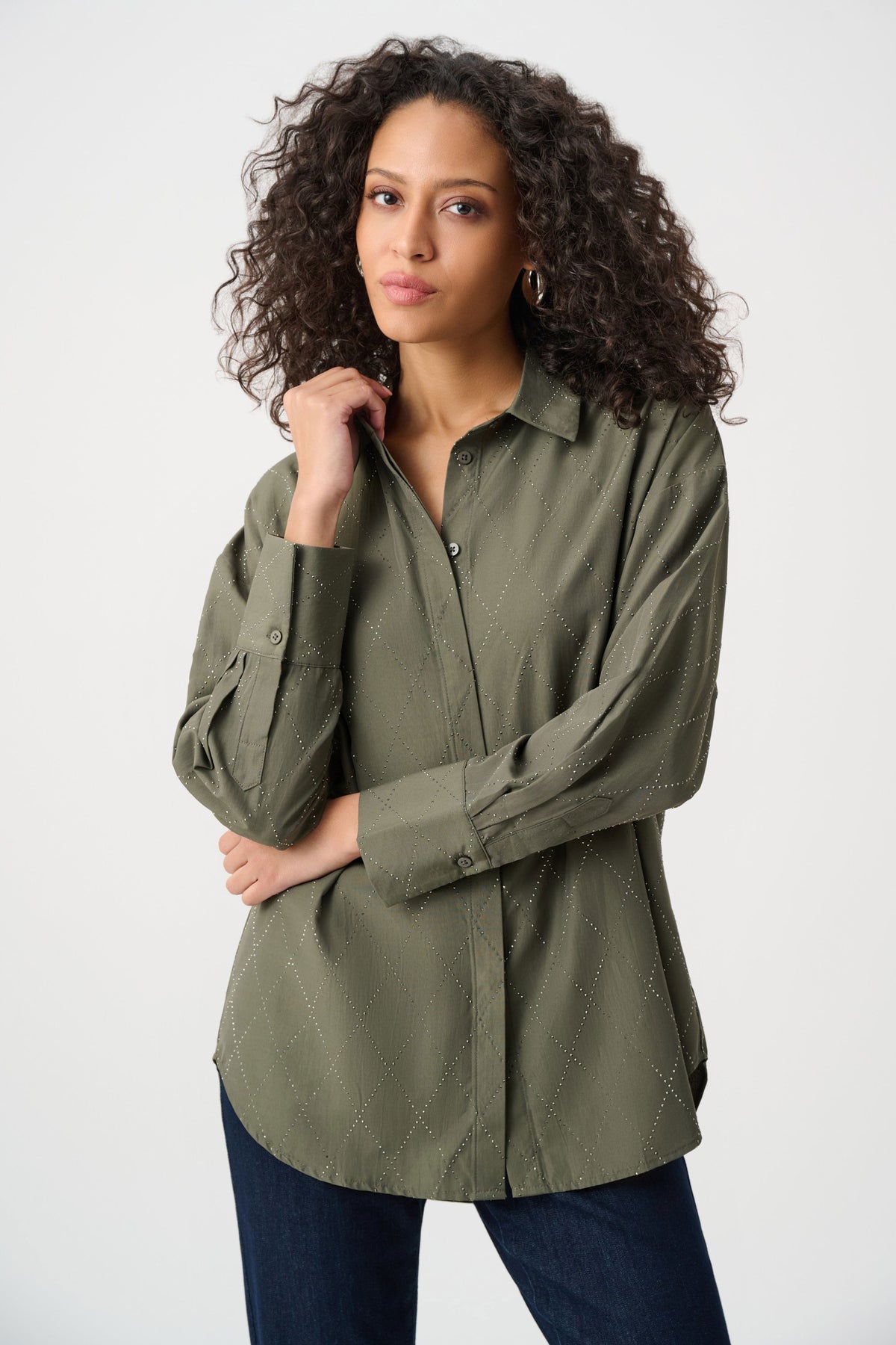 Joseph Ribkoff Avocado Tencel Boxy Blouse With All-Over Rhinestone Detail
