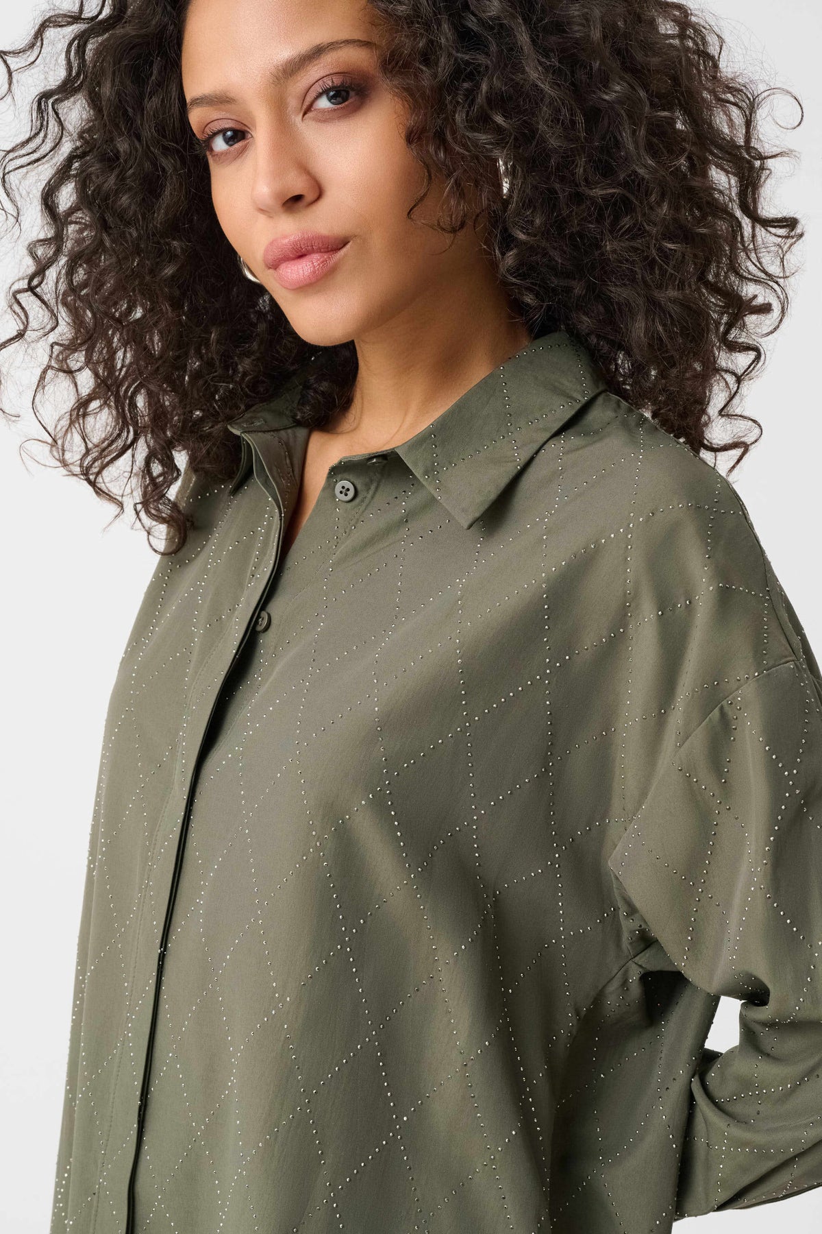 Joseph Ribkoff Avocado Tencel Boxy Blouse With All-Over Rhinestone Detail