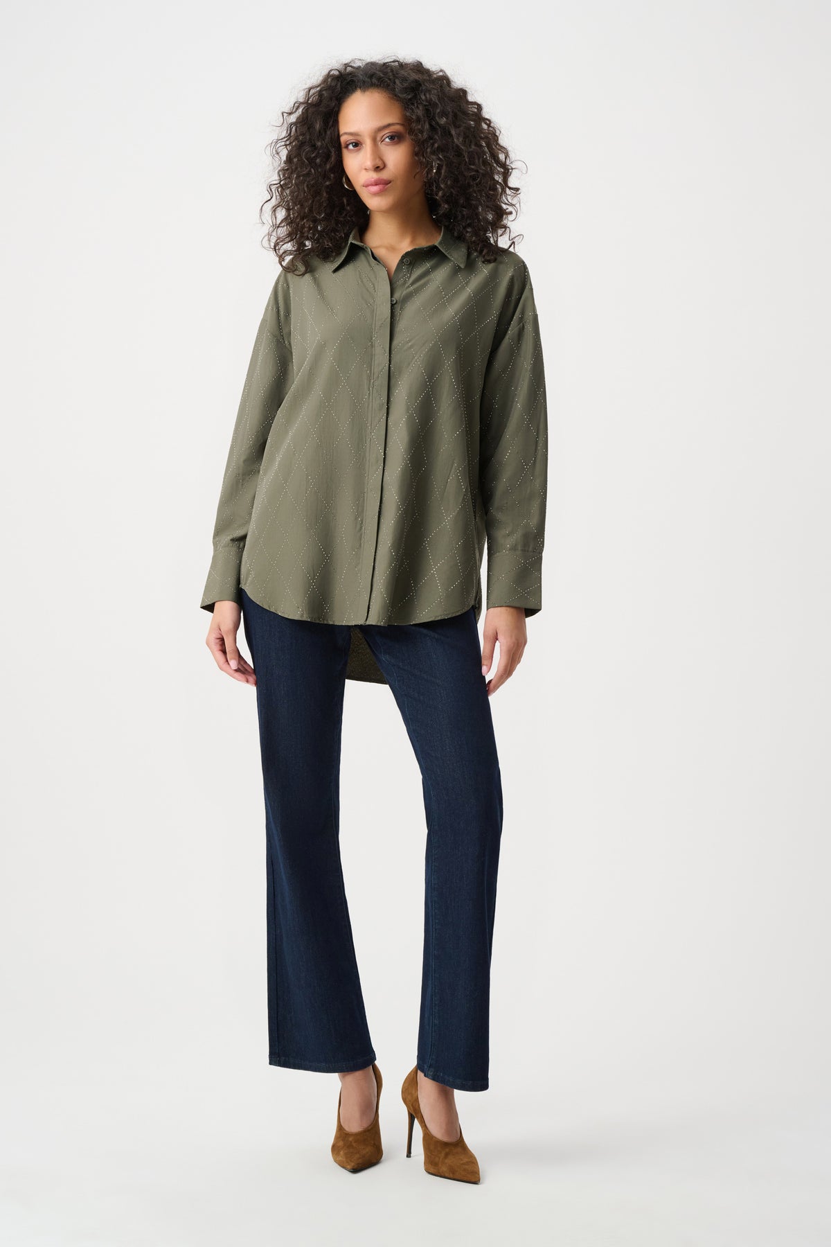 Joseph Ribkoff Avocado Tencel Boxy Blouse With All-Over Rhinestone Detail
